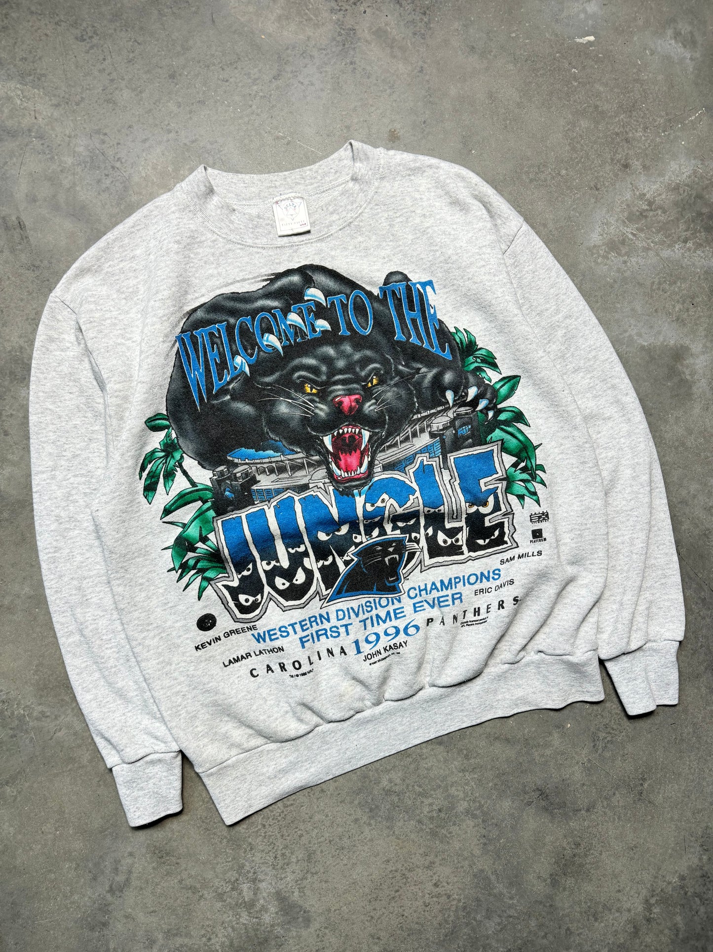 1996 Carolina Panthers “Welcome To The Jungle” Western Division Champions Caricature Panther Ericsson Stadium Vintage NFL Playoffs Crewneck (Medium)