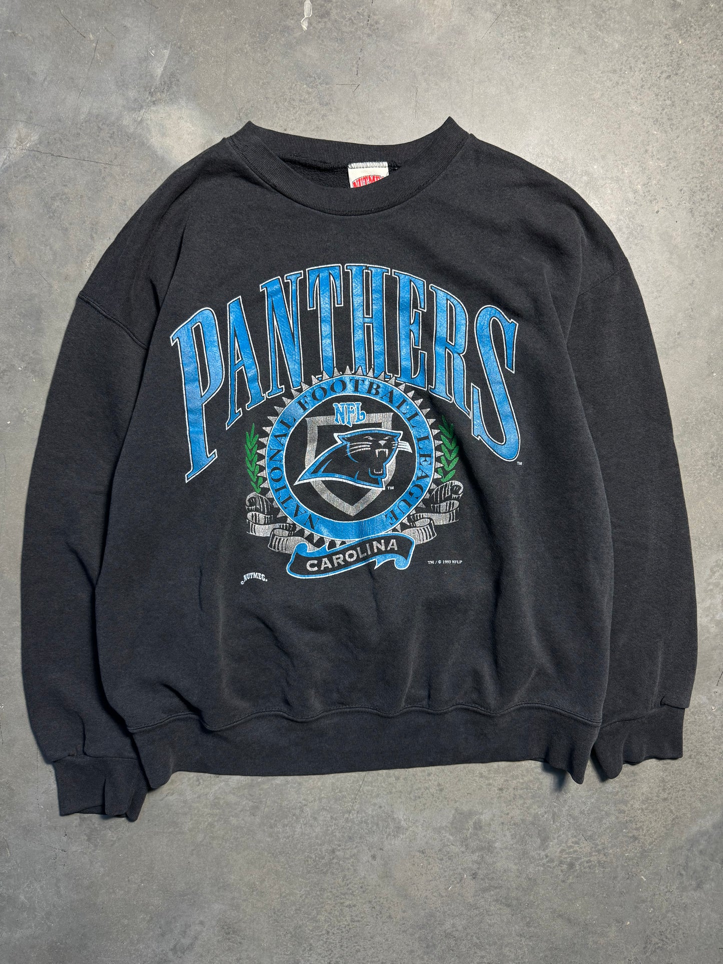 1993 Carolina Panthers Vintage Nutmeg Mills Faded Black Heavyweight NFL Crewneck (Large)