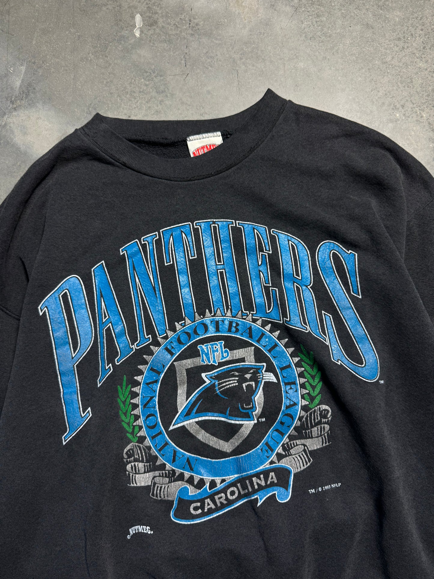 1993 Carolina Panthers Vintage Nutmeg Mills Faded Black Heavyweight NFL Crewneck (Large)