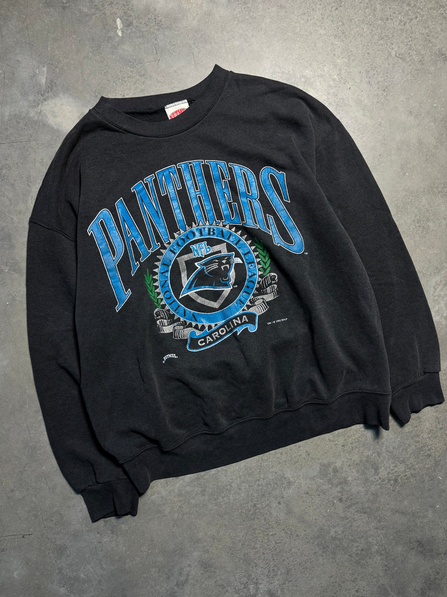 1993 Carolina Panthers Vintage Nutmeg Mills Faded Black Heavyweight NFL Crewneck (Large)