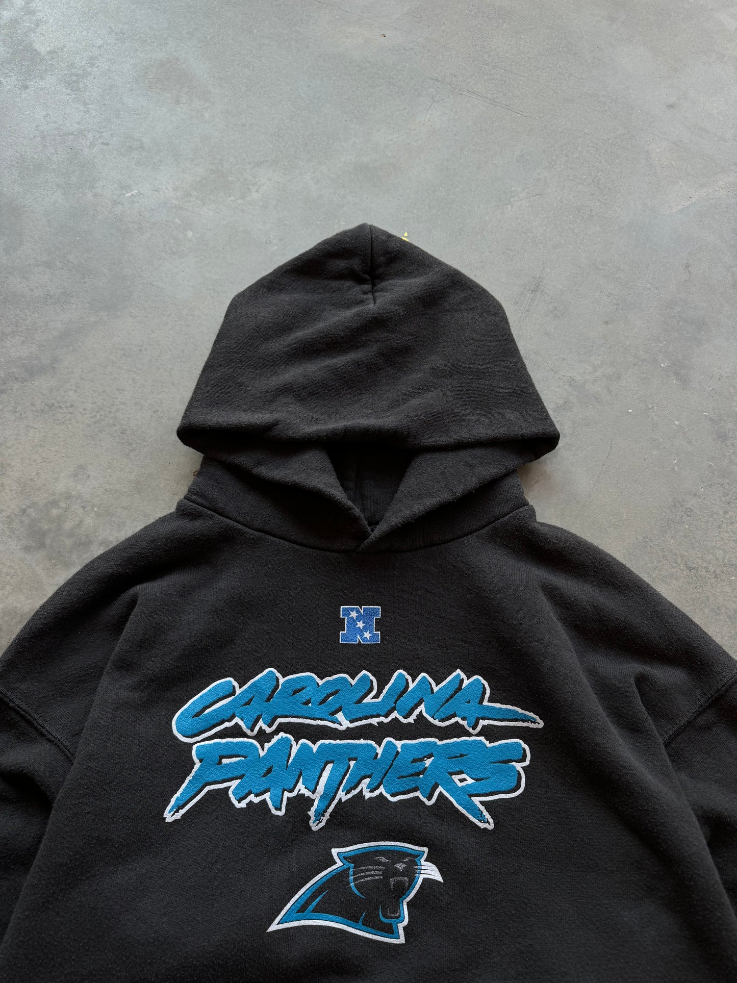 00’s Carolina Panthers Vintage Cat Scratch Font Black NFL Hoodie (Medium)