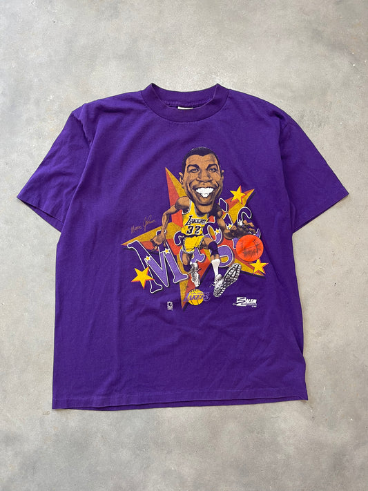 90’s Los Angeles Lakers Magic Johnson Vintage Salem Sportswear Caricature NBA Tee (Medium)