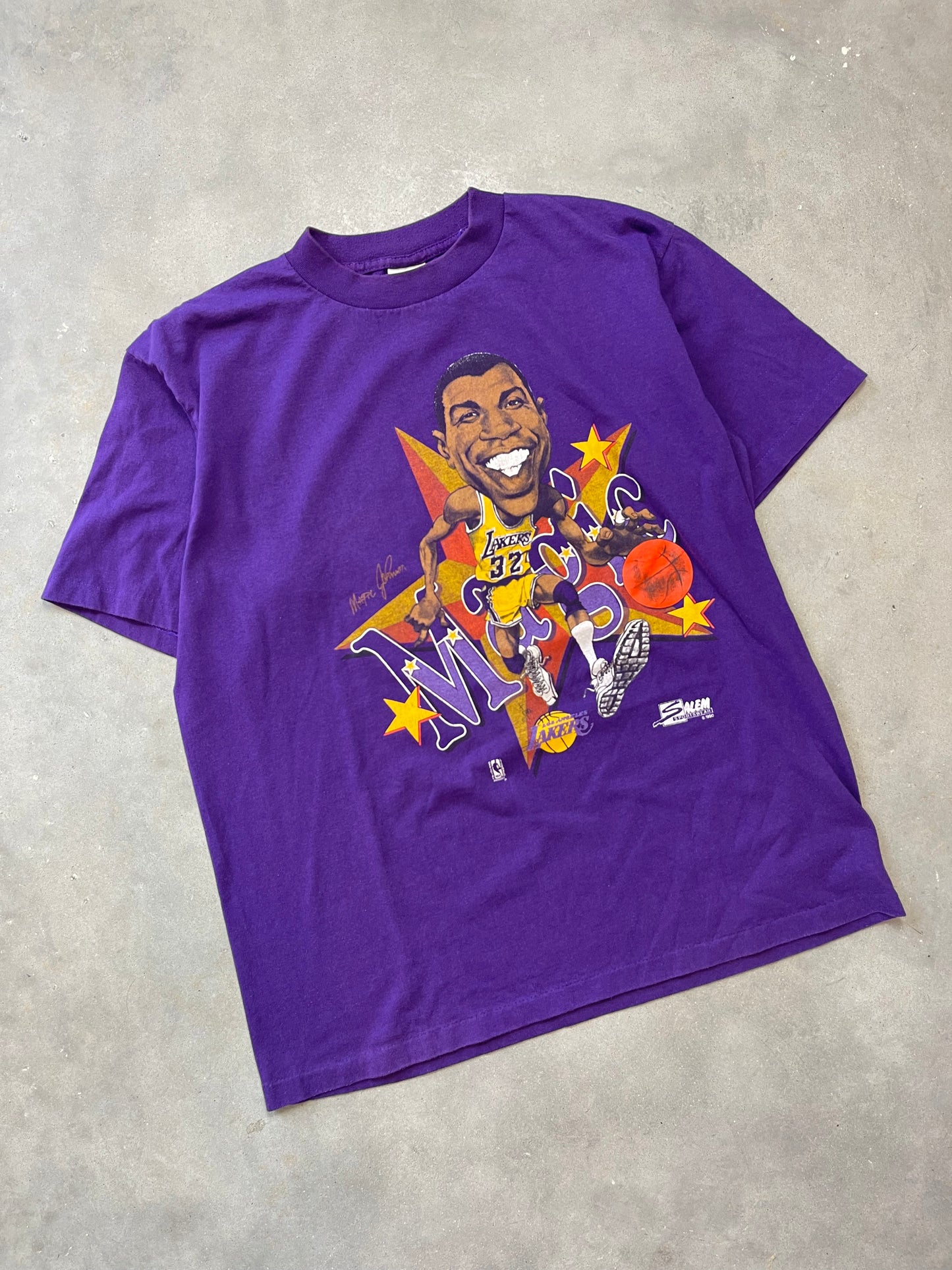 90’s Los Angeles Lakers Magic Johnson Vintage Salem Sportswear Caricature NBA Tee (Medium)