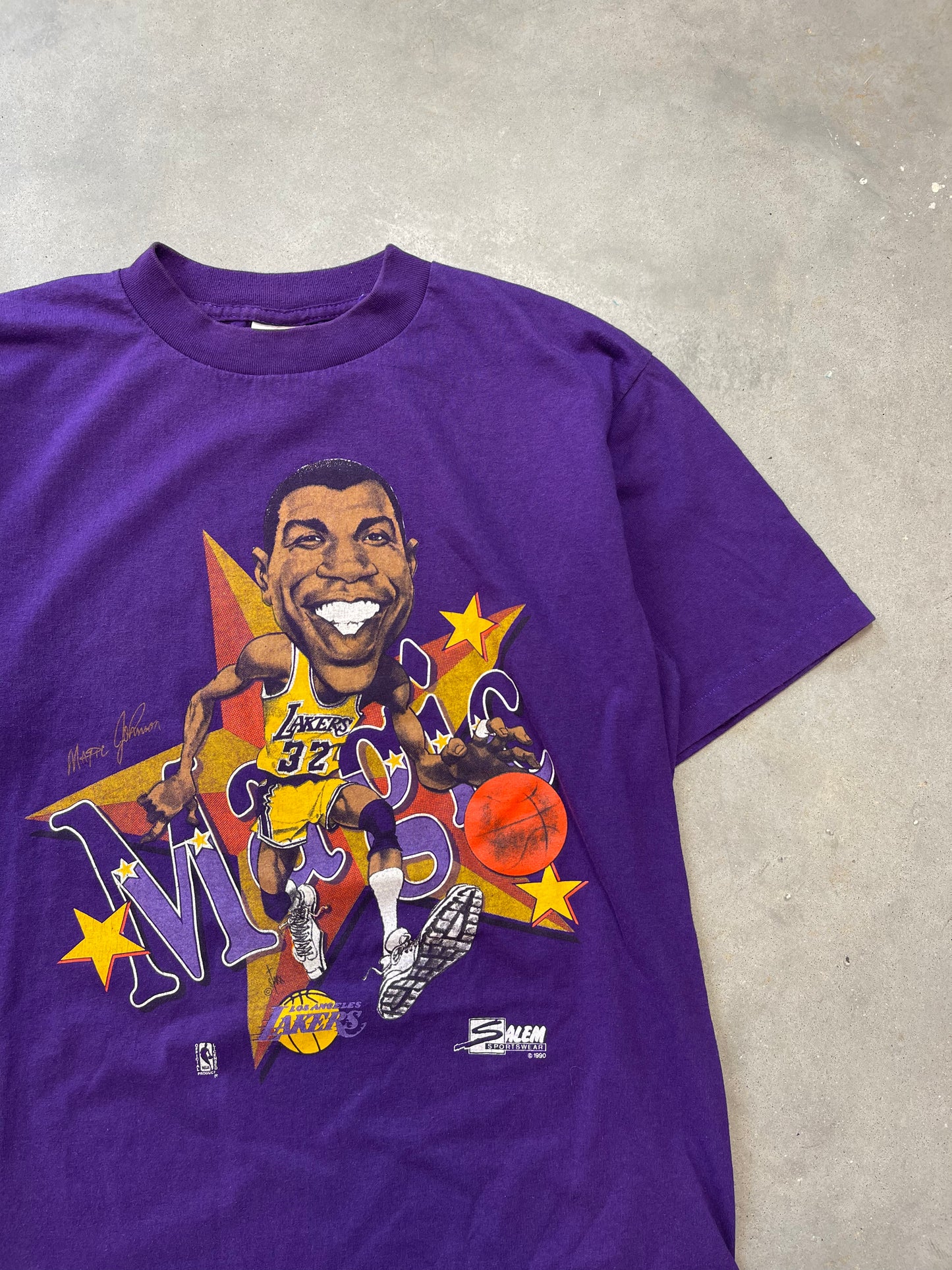 90’s Los Angeles Lakers Magic Johnson Vintage Salem Sportswear Caricature NBA Tee (Medium)