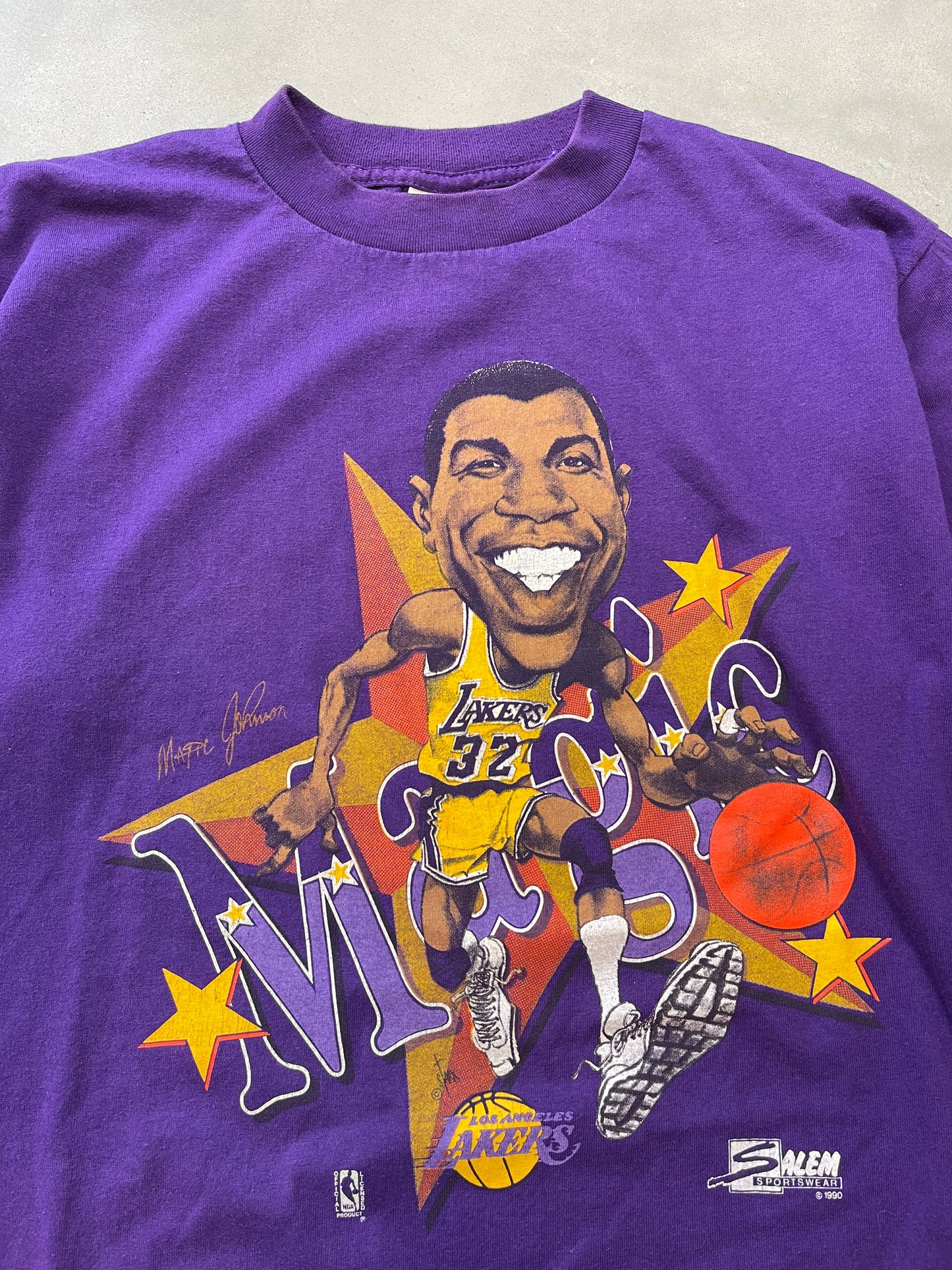 90’s Los Angeles Lakers Magic Johnson Vintage Salem Sportswear Caricature NBA Tee (Medium)