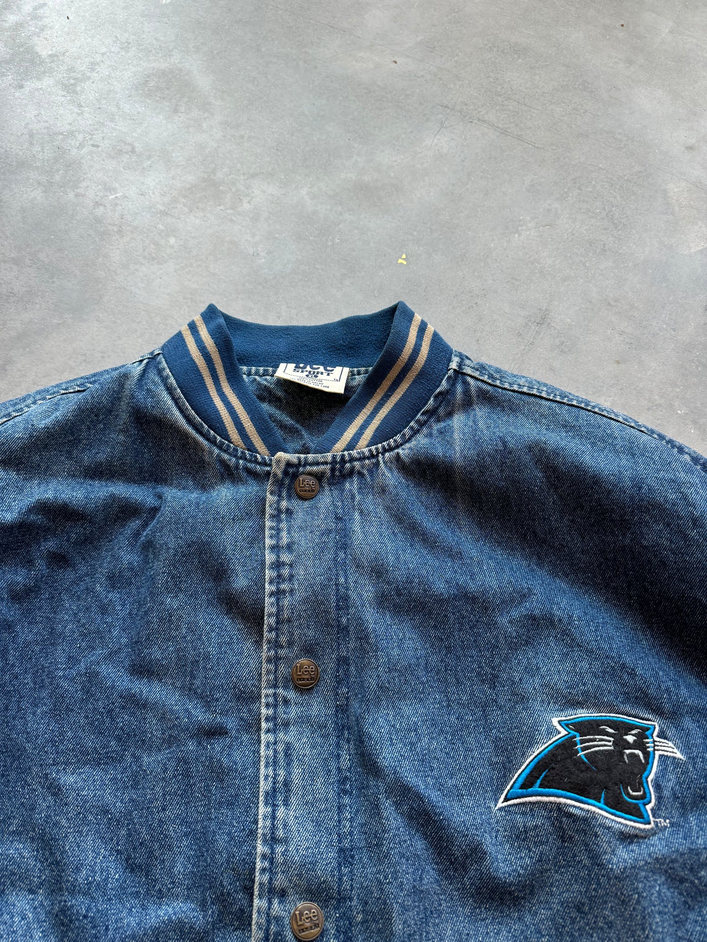 90’s Carolina Panthers Vintage Lee Sport Denim Khaki Varsity Style NFL Jacket (XL)