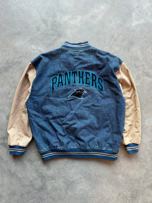 90’s Carolina Panthers Vintage Lee Sport Denim Khaki Varsity Style NFL Jacket (XL)