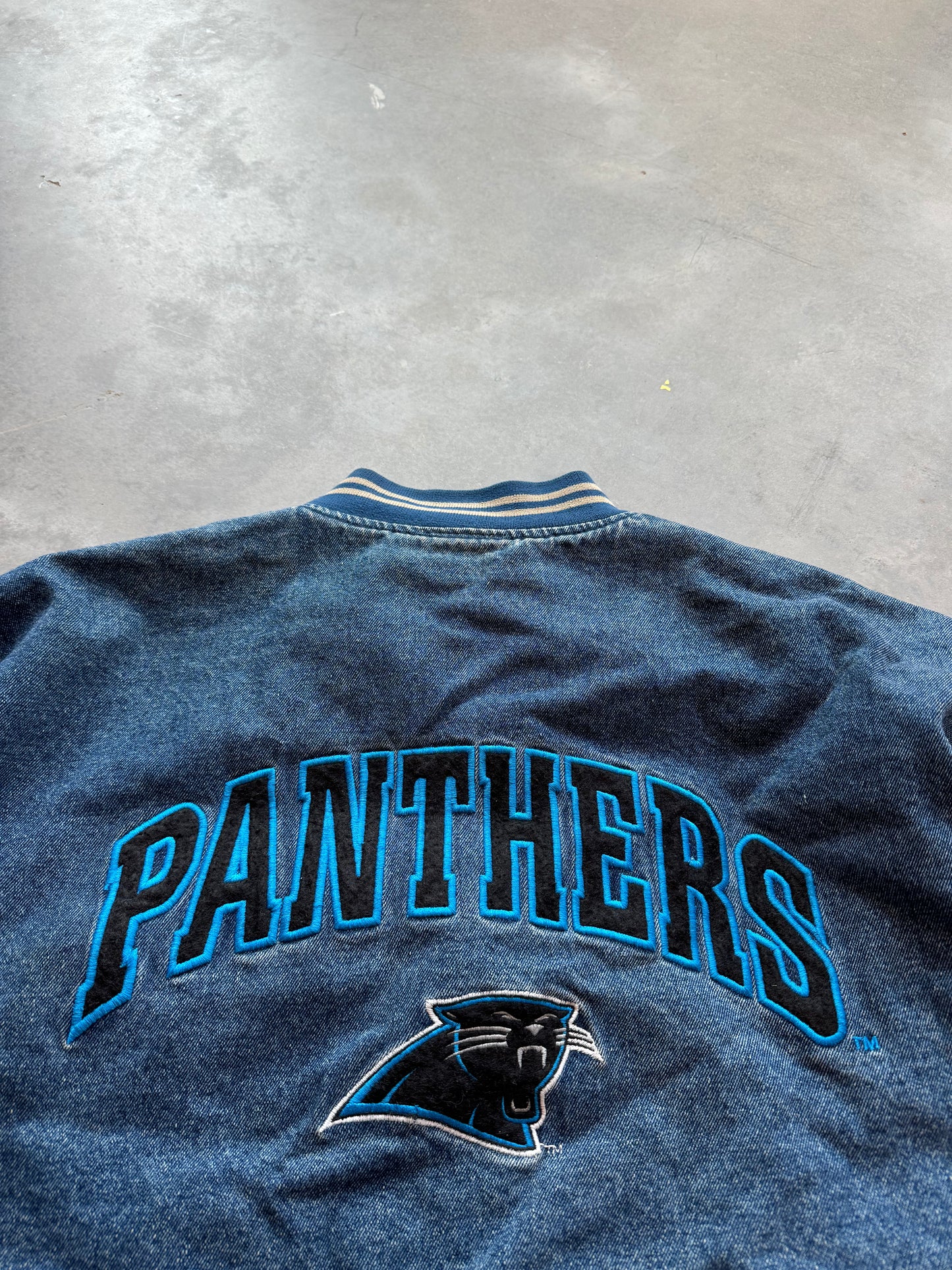 90’s Carolina Panthers Vintage Lee Sport Denim Khaki Varsity Style NFL Jacket (XL)