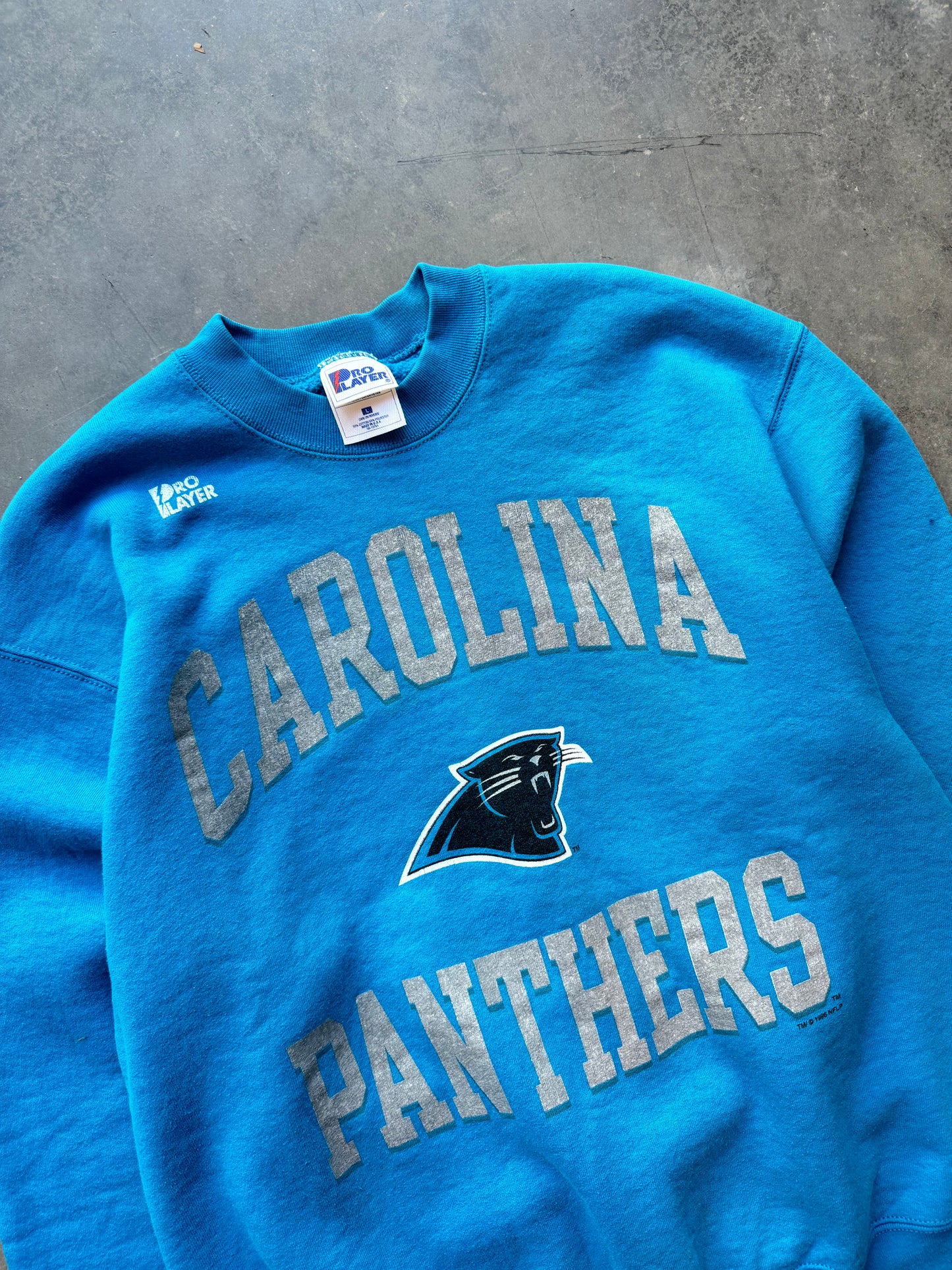 1996 Carolina Panthers Vintage Pro Player Arch Spellout NFL Crewneck (Large)
