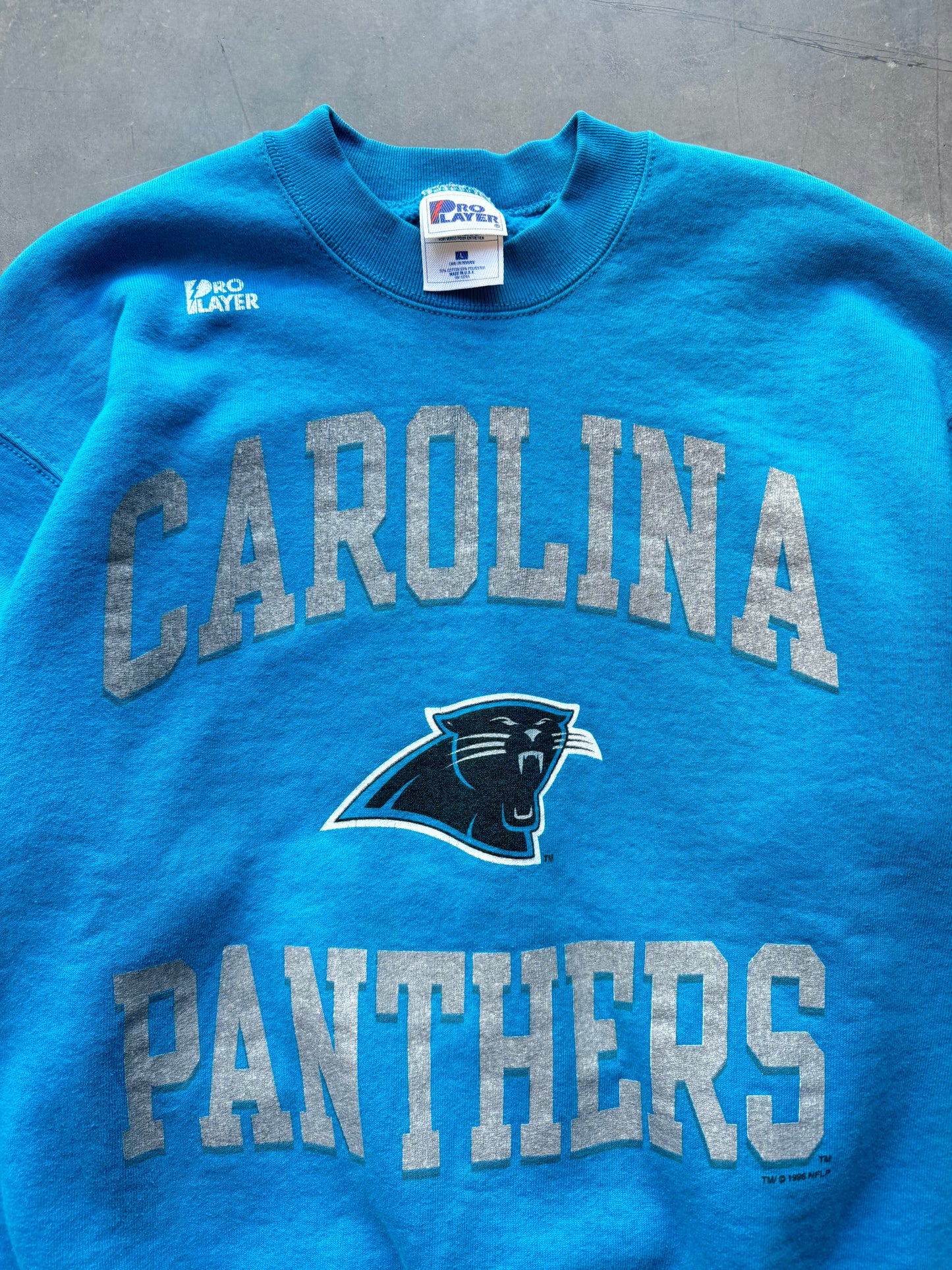 1996 Carolina Panthers Vintage Pro Player Arch Spellout NFL Crewneck (Large)