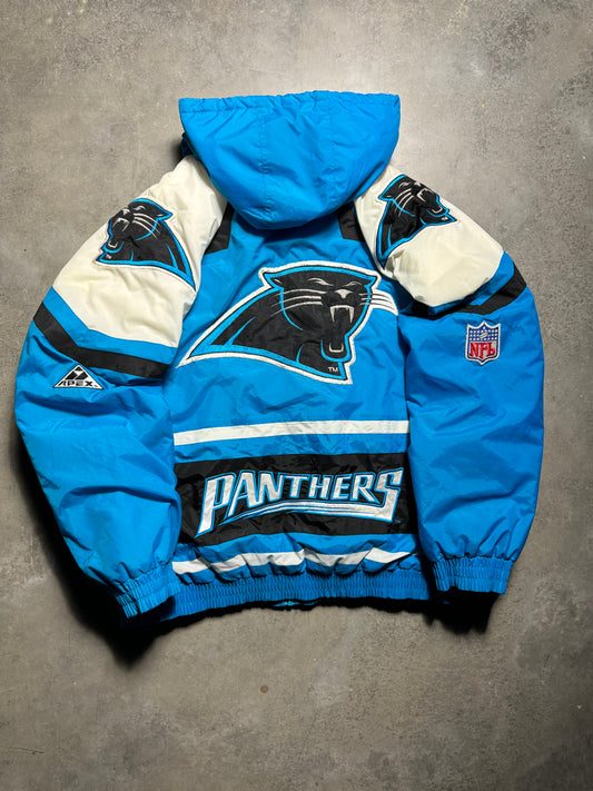 90’s Carolina Panthers Vintage Blue Colorblocked Apex One Big Shoulder Logos Embroidered NFL Puffer Jacket (Large)