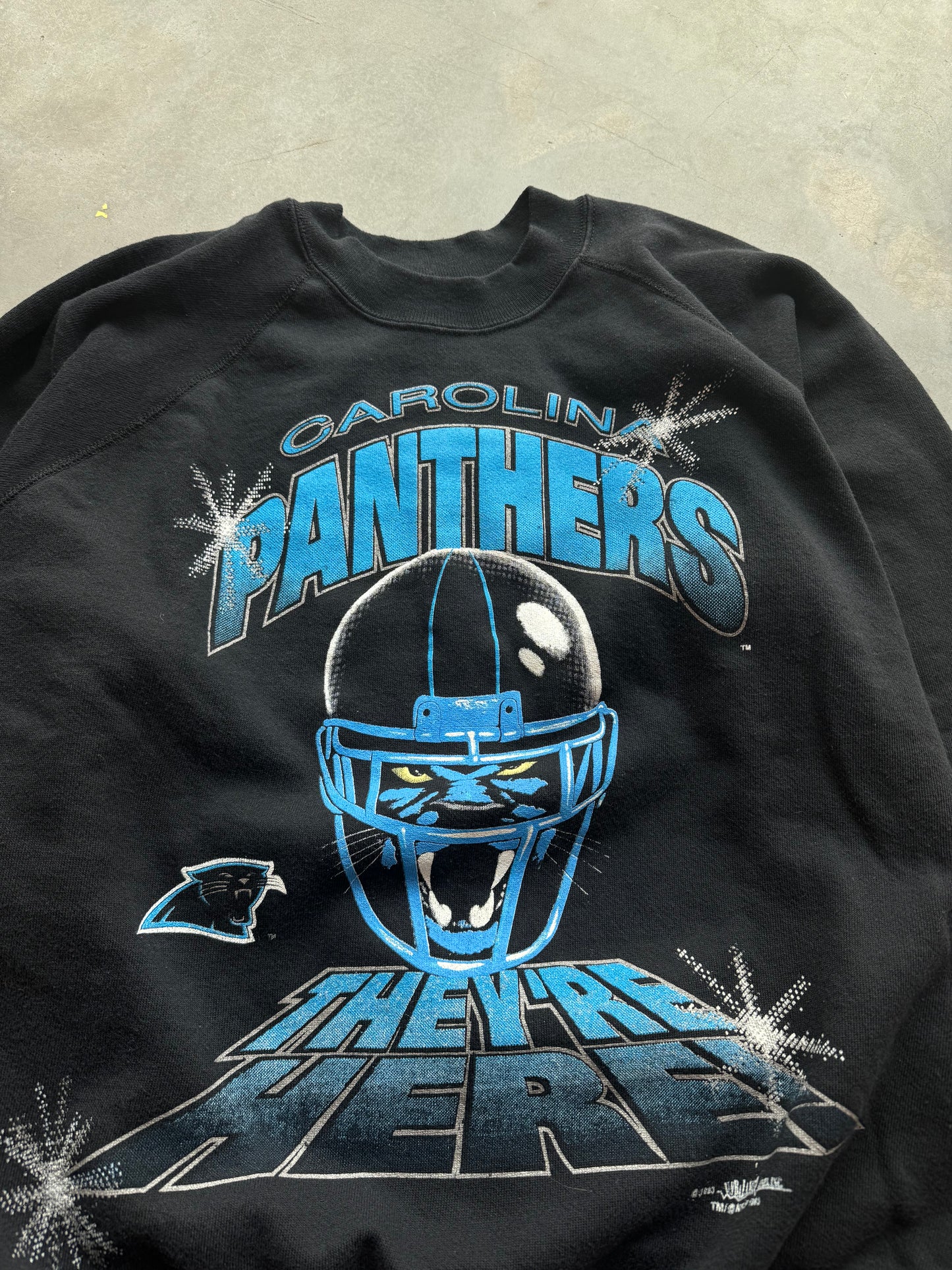 1993 Carolina Panthers Vintage “They’re Here!” Rare Big Face Cat NFL Crewneck (Small)