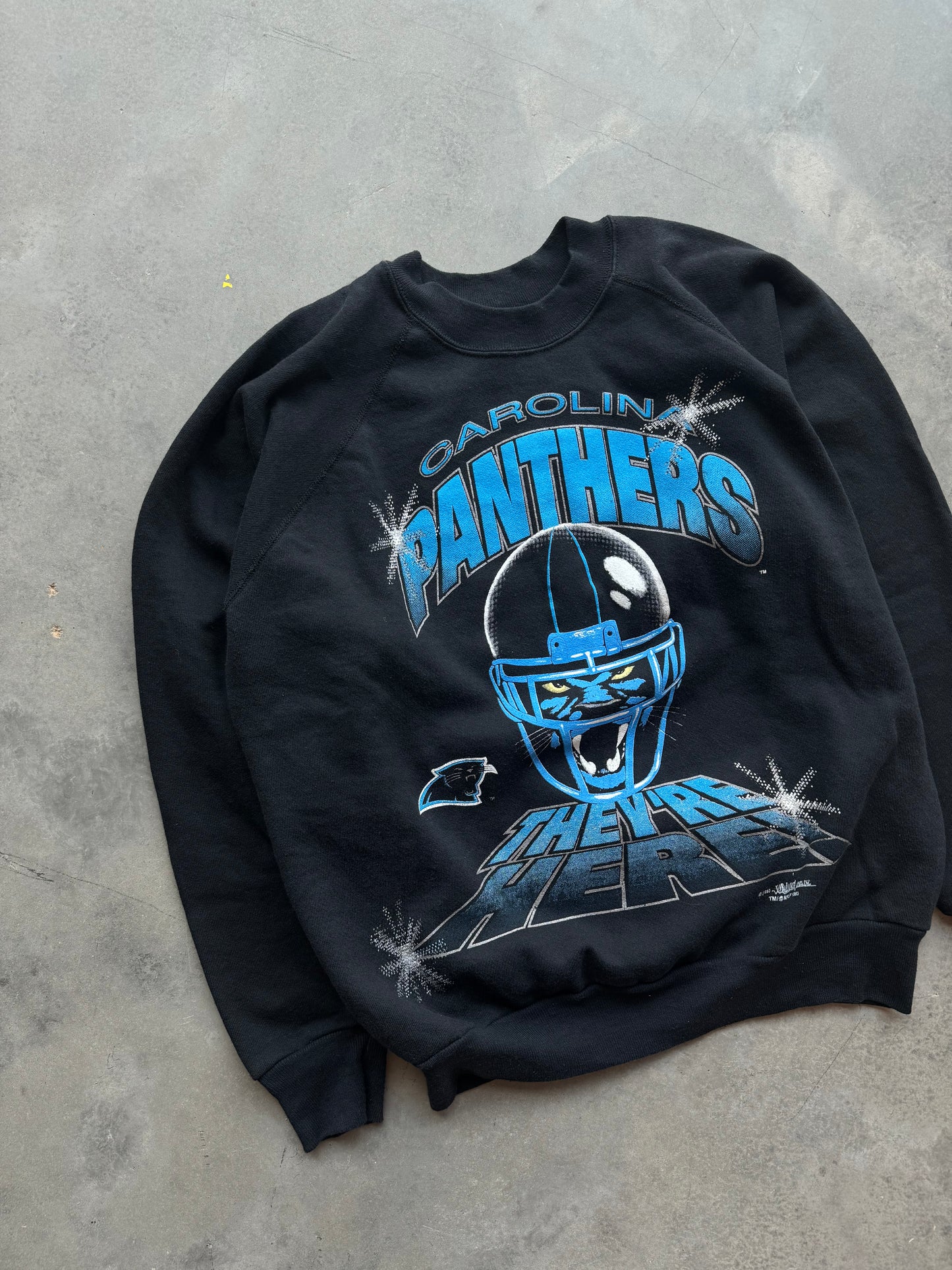 1993 Carolina Panthers Vintage “They’re Here!” Rare Big Face Cat NFL Crewneck (Small)