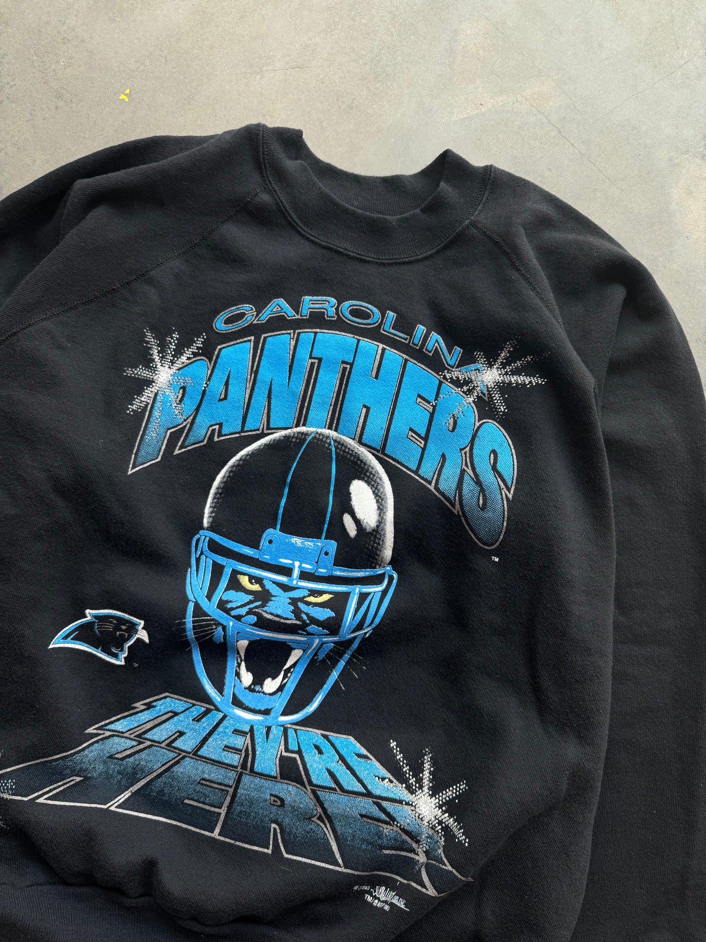 1993 Carolina Panthers Vintage “They’re Here!” Rare Big Face Cat NFL Crewneck (Small)