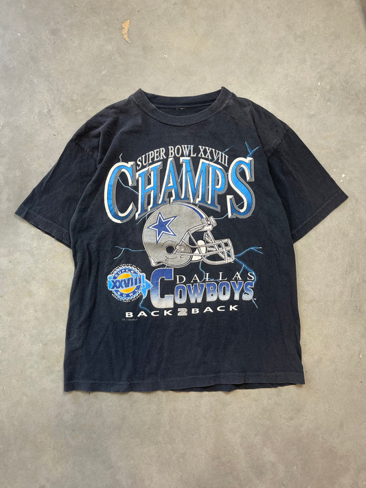 1994 Dallas Cowboys Super Bowl XXVIII Champions Vintage NFL Lightning Print Tee (Large)