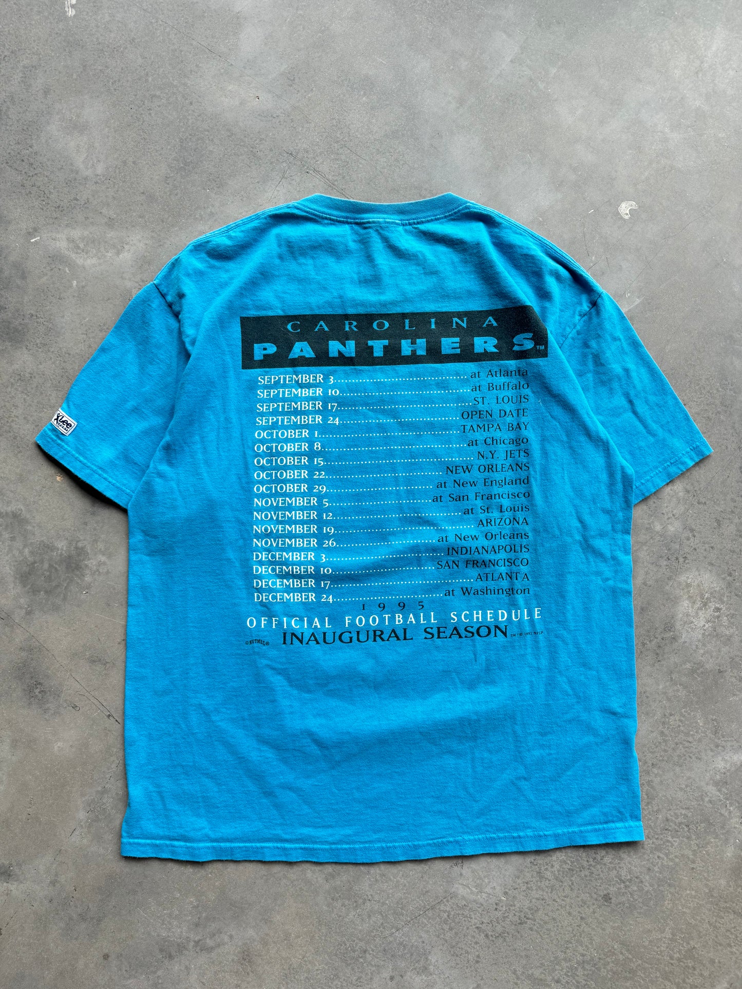 1995 Carolina Panthers Vintage Hall of Fame Game Inaugural Season Schedule NFL Tee (XL)