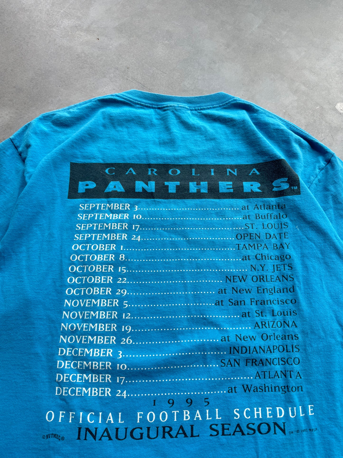 1995 Carolina Panthers Vintage Hall of Fame Game Inaugural Season Schedule NFL Tee (XL)