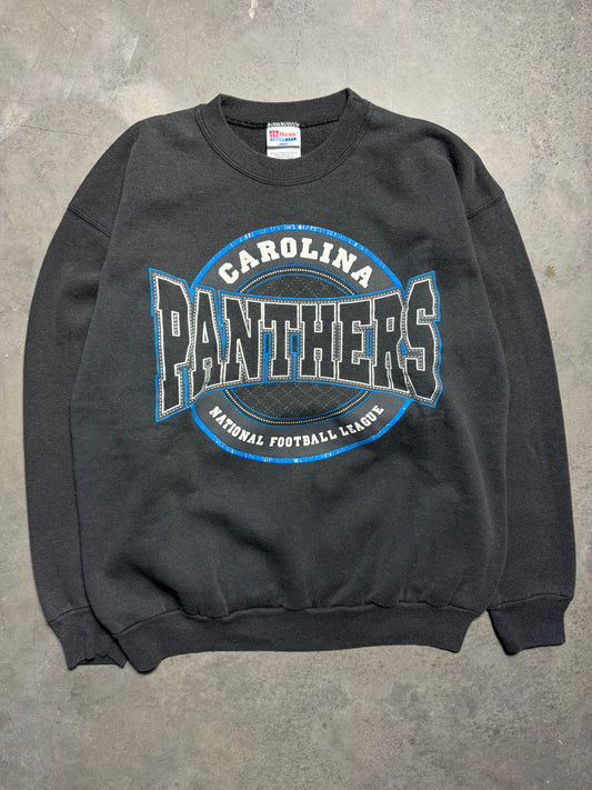1996 Carolina Panthers Vintage Faded Black Sphere Spellout Logo NFL Crewneck (Large)