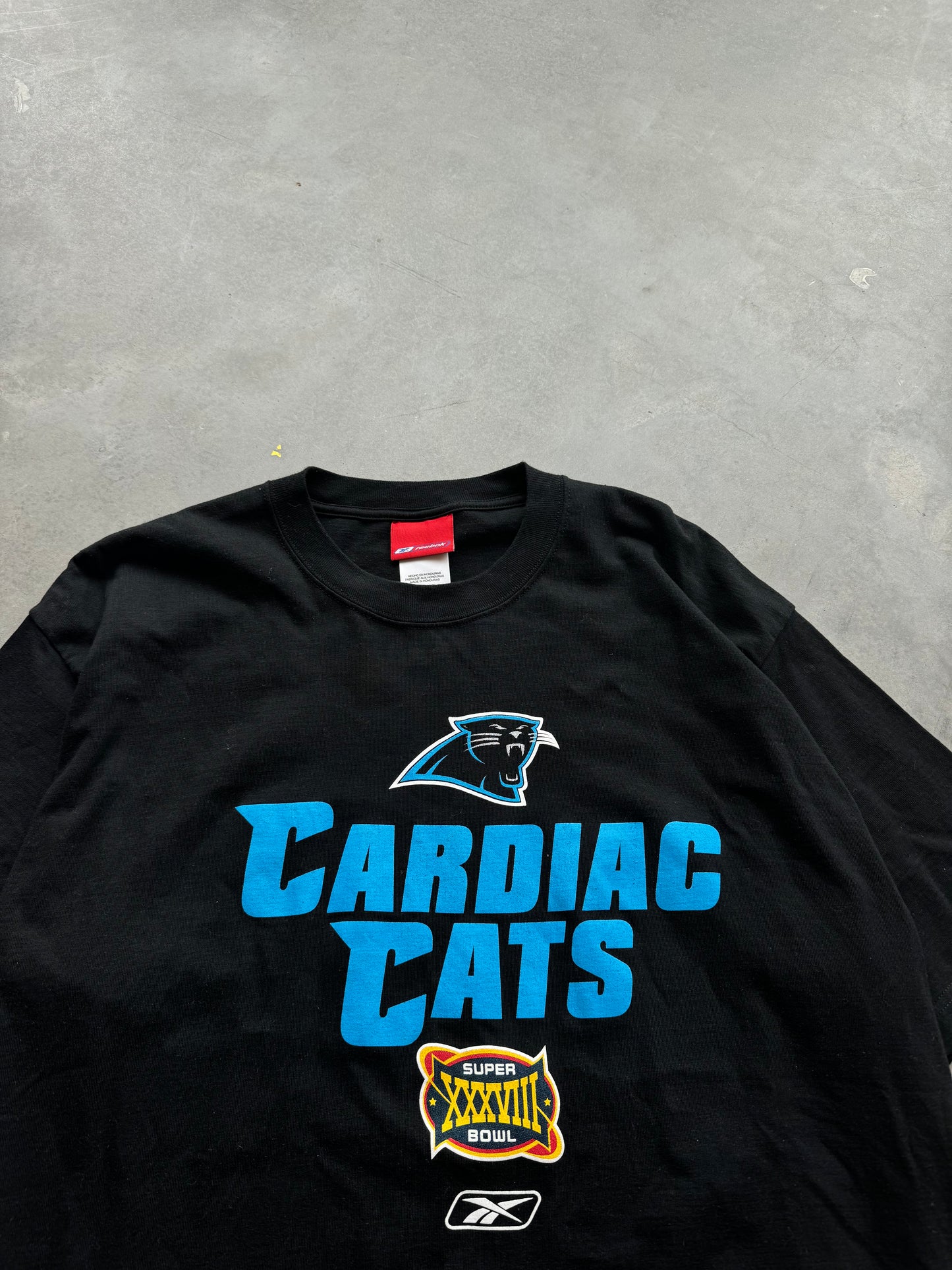 2004 Carolina Panthers Cardiac Cats Super Bowl XXXVIII Vintage Reebok NFL Tee (Large)