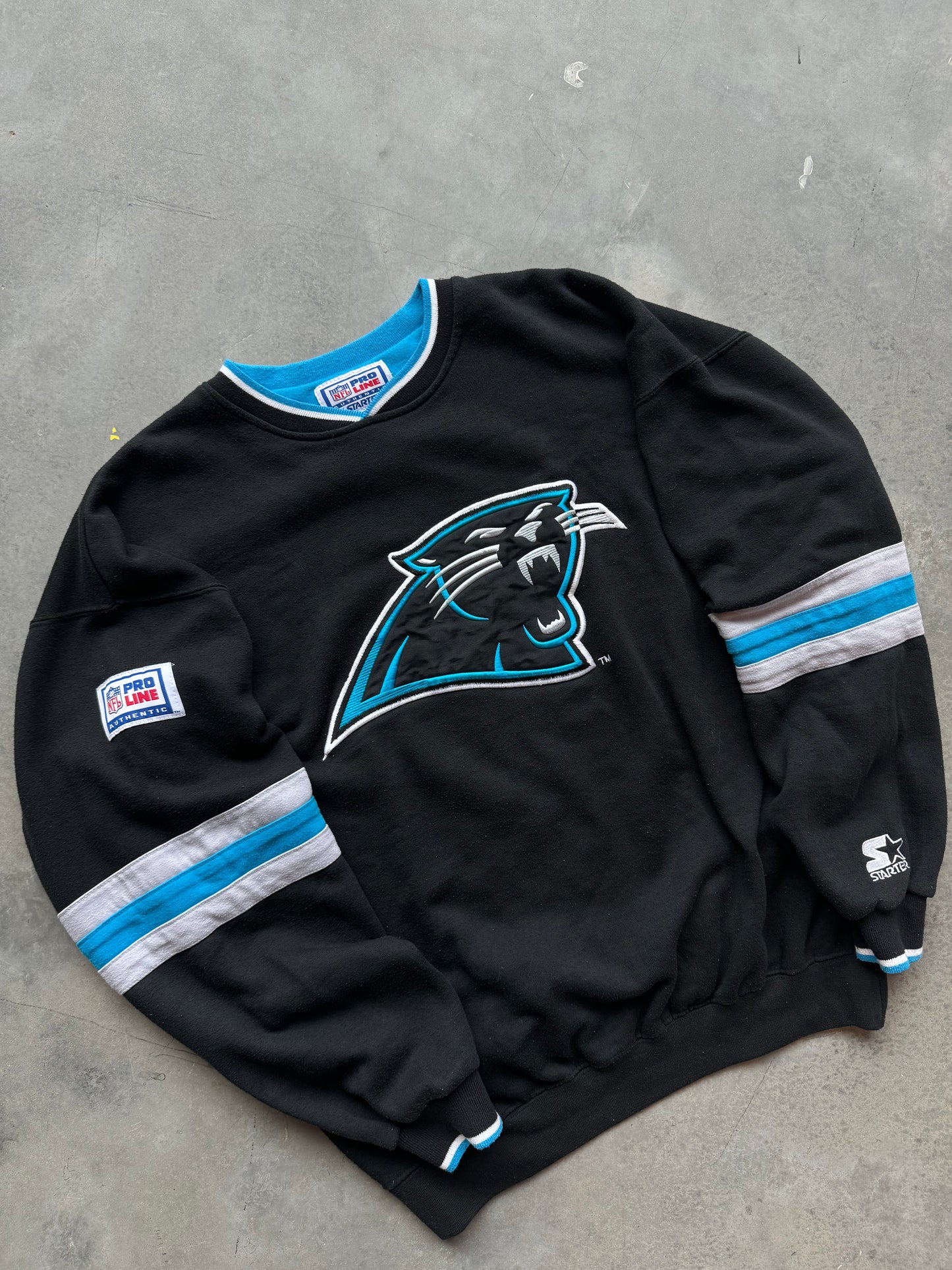 90’s Carolina Panthers Vintage Starter Ribbed NFL Big Logo NFL Crewneck (Large)