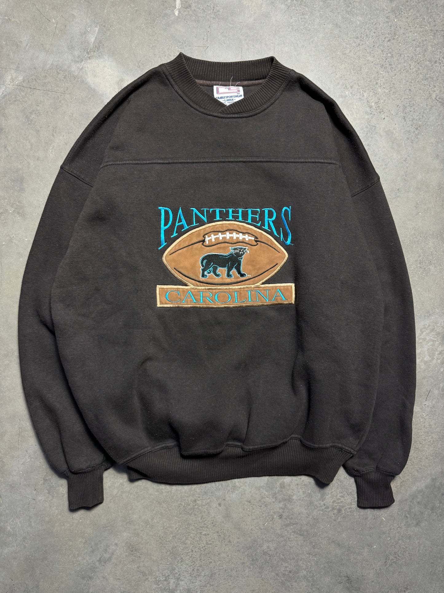 90’s Carolina Panthers Vintage Black Felt Football Alternate Full Cat Logo Heavyweight NFL Crewneck (Large)