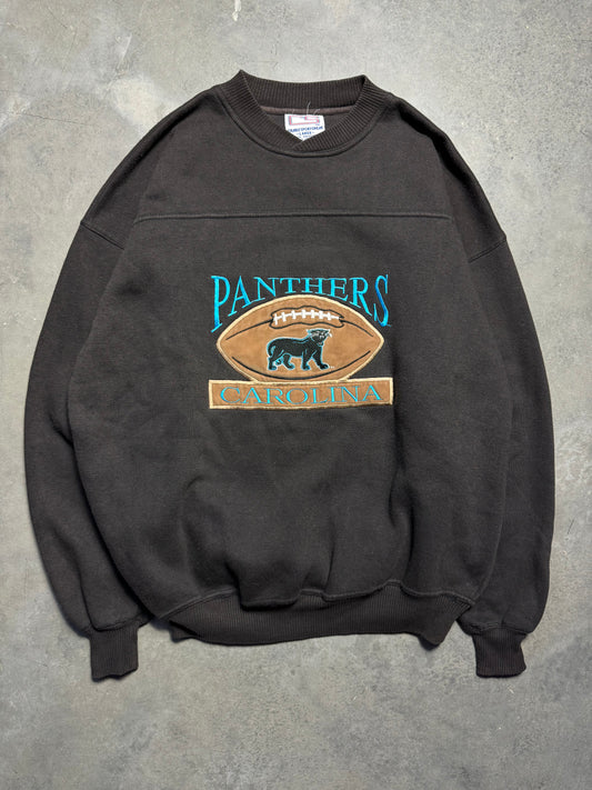 90’s Carolina Panthers Vintage Black Felt Football Alternate Full Cat Logo Heavyweight NFL Crewneck (Large)