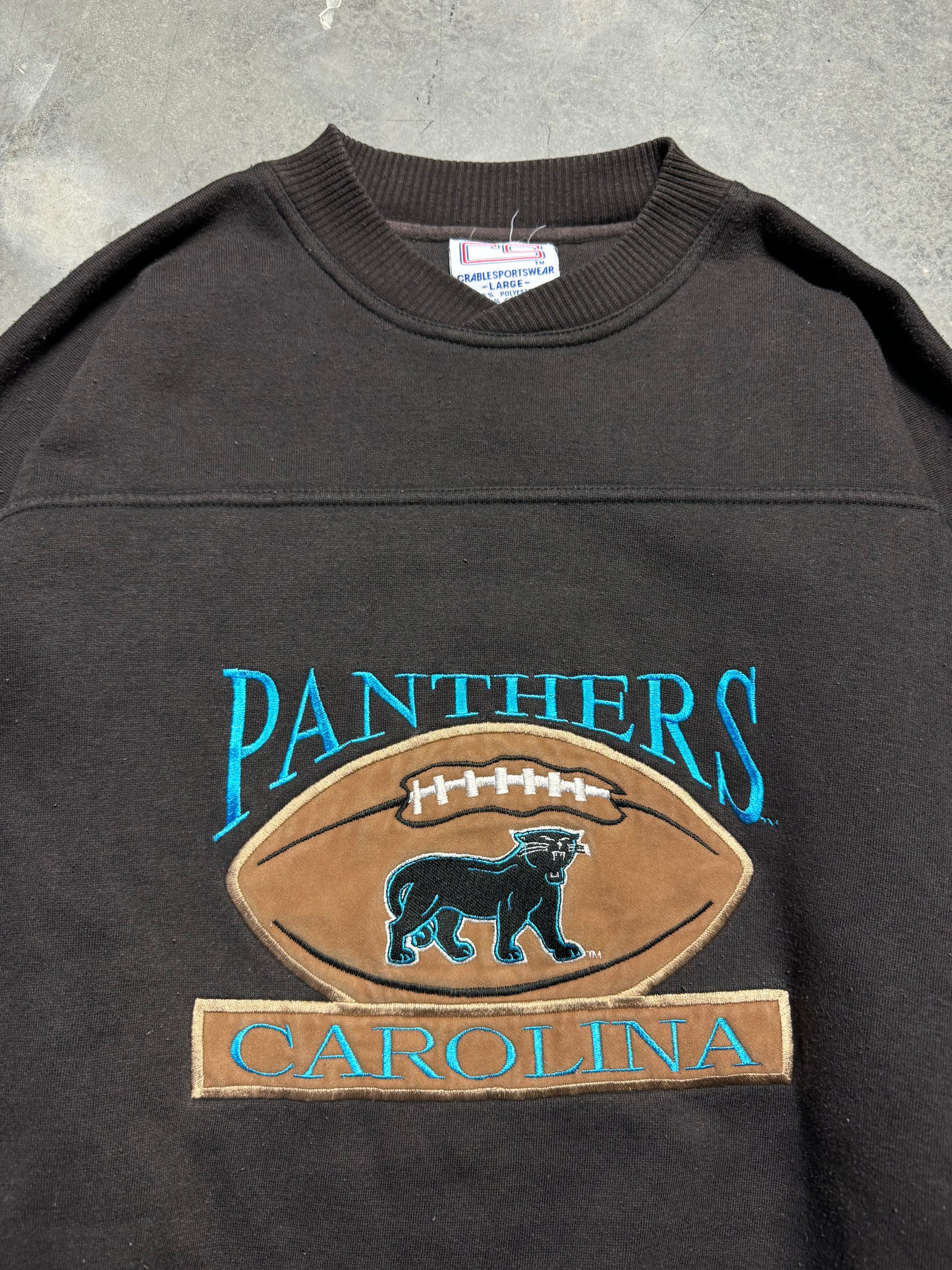 90’s Carolina Panthers Vintage Black Felt Football Alternate Full Cat Logo Heavyweight NFL Crewneck (Large)