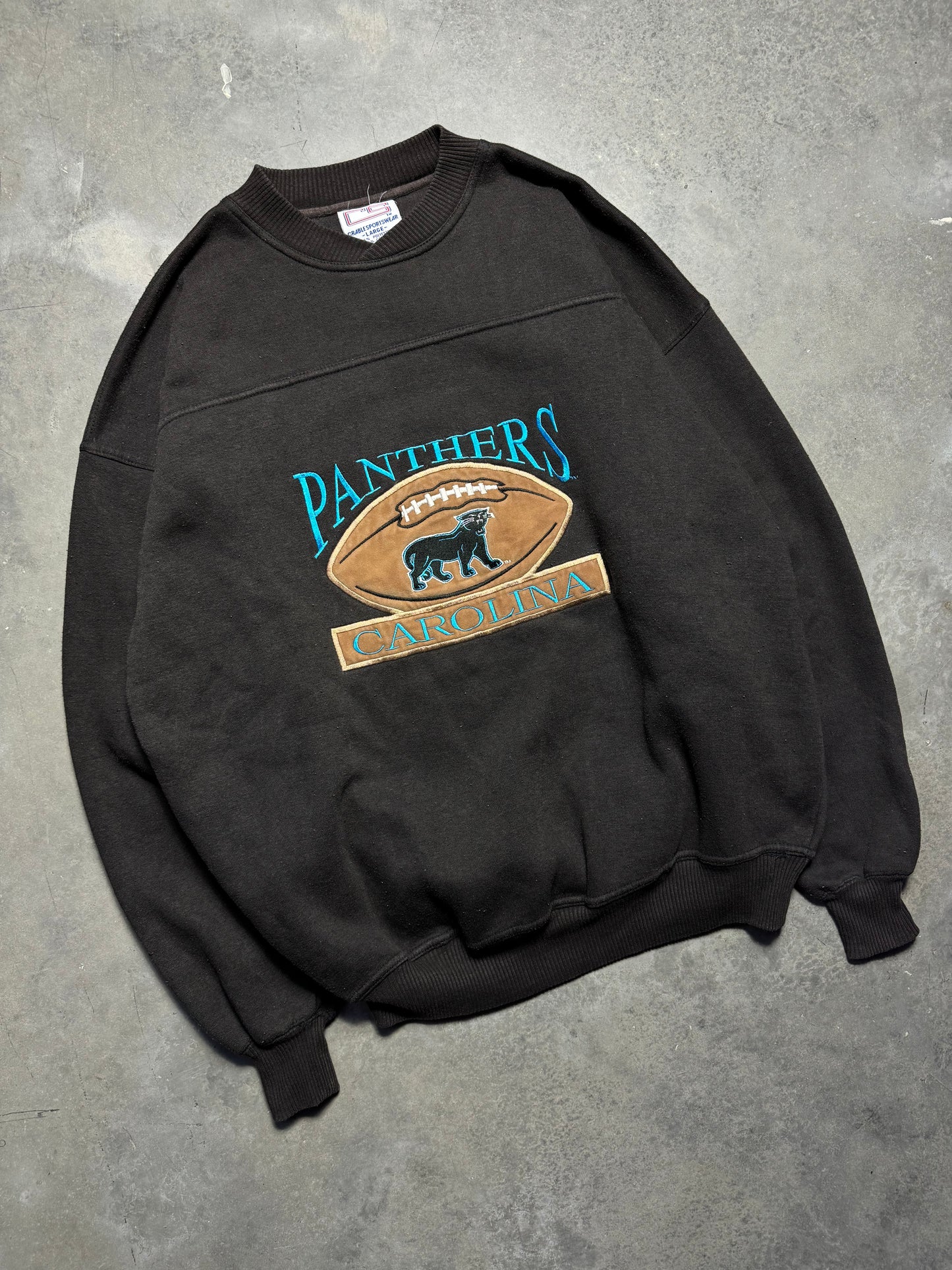 90’s Carolina Panthers Vintage Black Felt Football Alternate Full Cat Logo Heavyweight NFL Crewneck (Large)