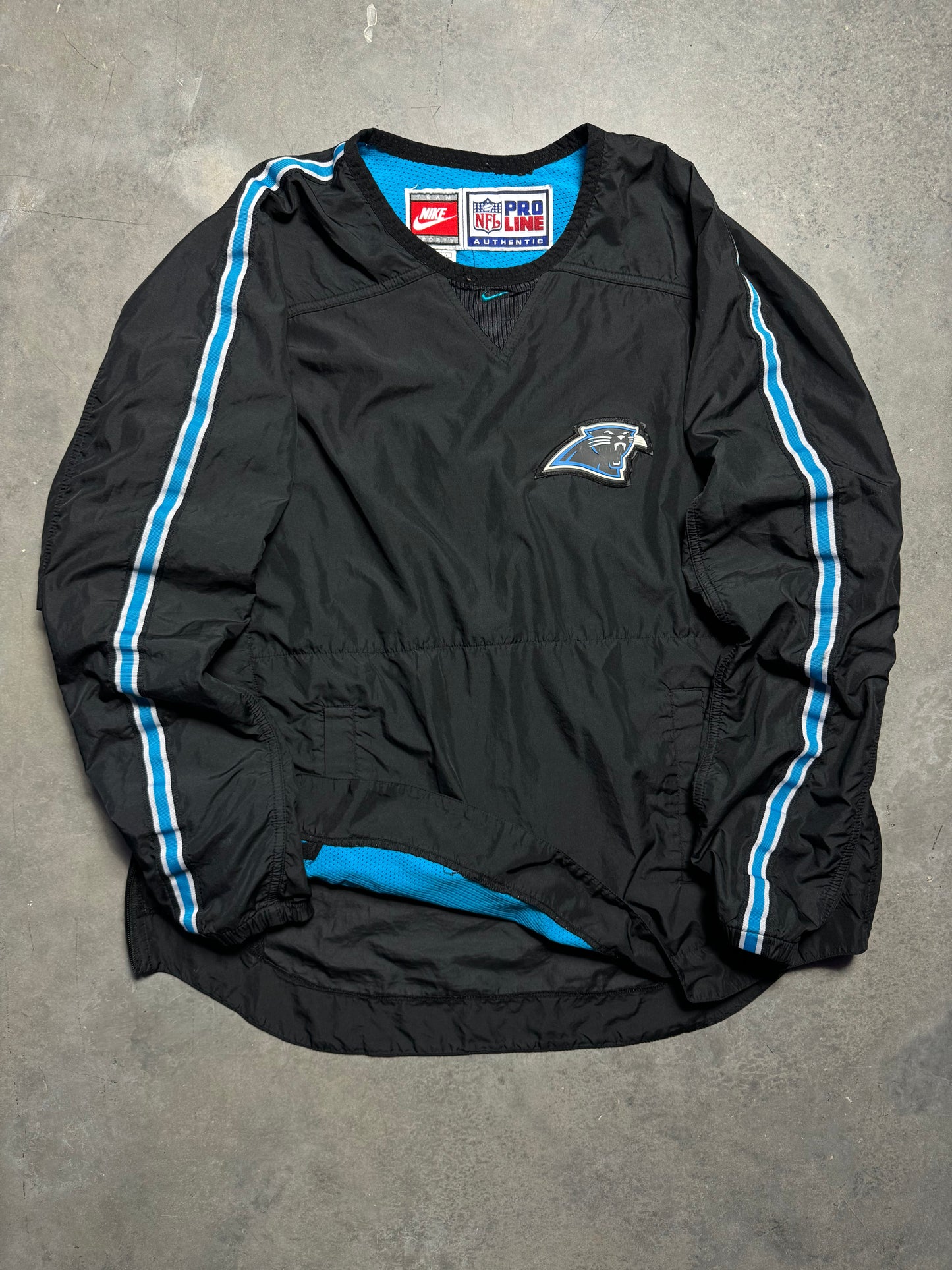 90’s Carolina Panthers Vintage Black Nike Nylon Mini Swoosh NFL Windbreaker Sideline Pullover (Large)