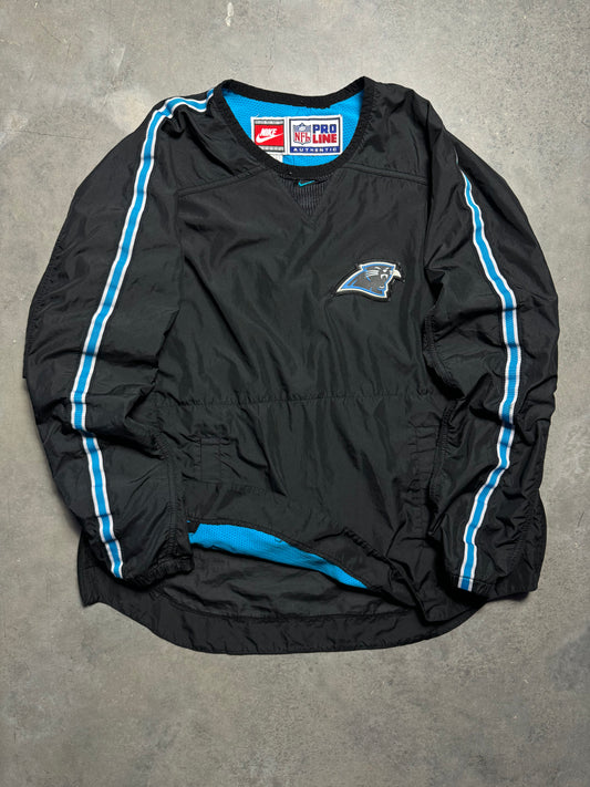 90’s Carolina Panthers Vintage Black Nike Nylon Mini Swoosh NFL Windbreaker Sideline Pullover (Large)