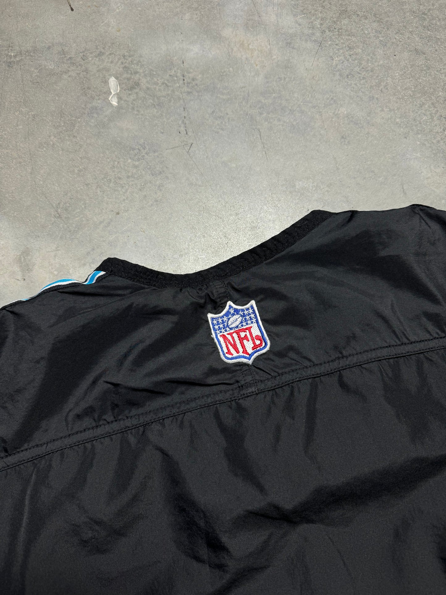 90’s Carolina Panthers Vintage Black Nike Nylon Mini Swoosh NFL Windbreaker Sideline Pullover (Large)