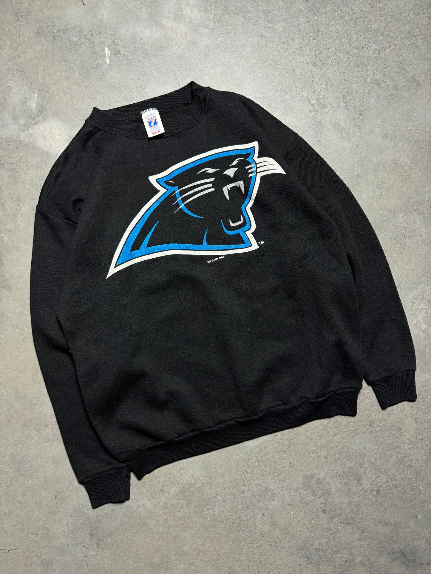 1995 Carolina Panthers Vintage Black Logo 7 Big Logo Inaugural Season NFL Crewneck (Medium)