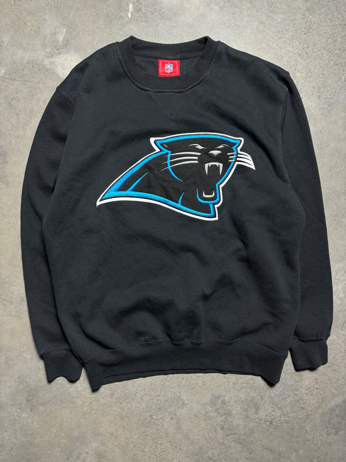00’s Carolina Panthers Vintage Black Big Logo Fully Embroidered NFL Crewneck (Medium)