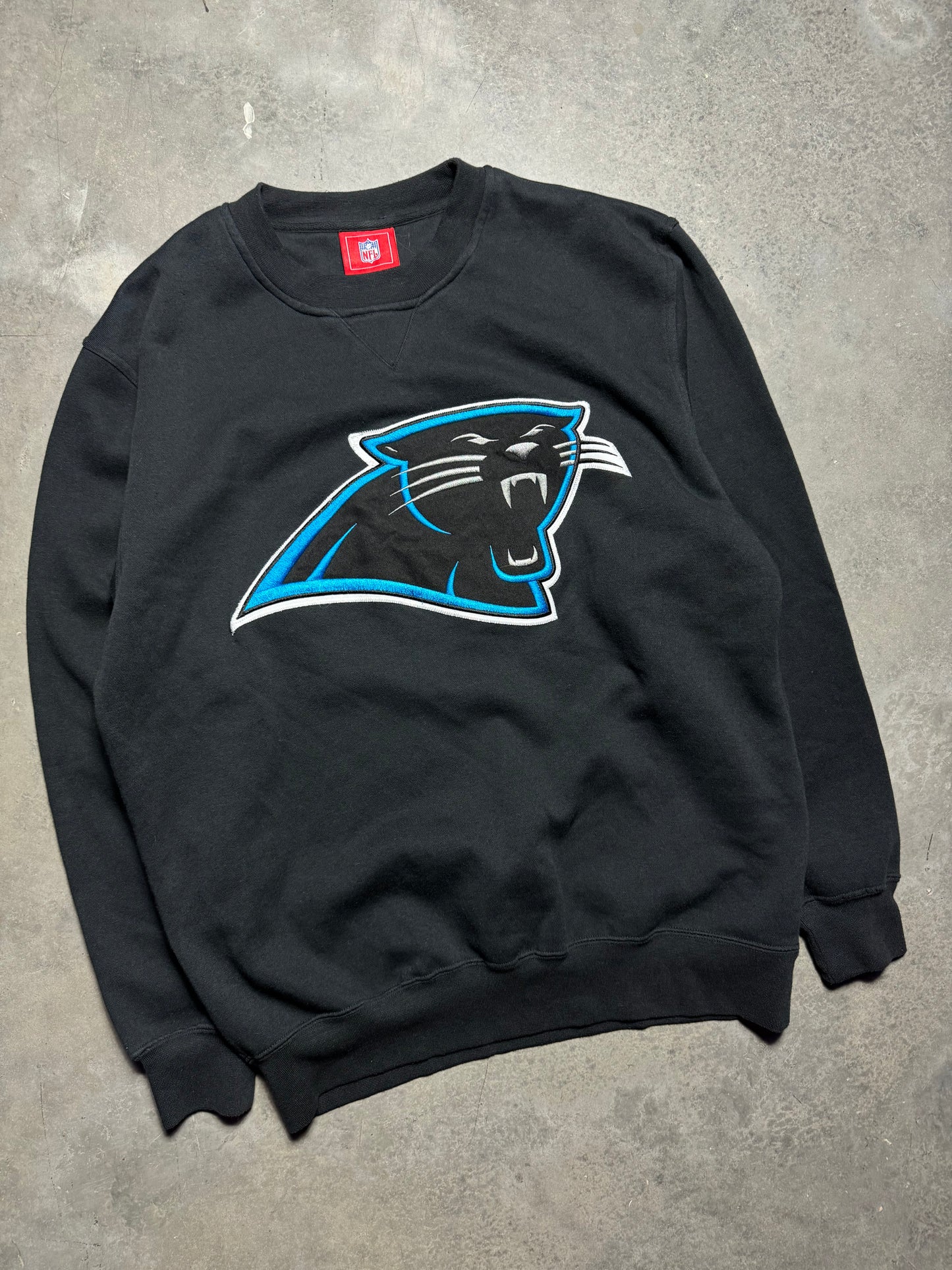 00’s Carolina Panthers Vintage Black Big Logo Fully Embroidered NFL Crewneck (Medium)