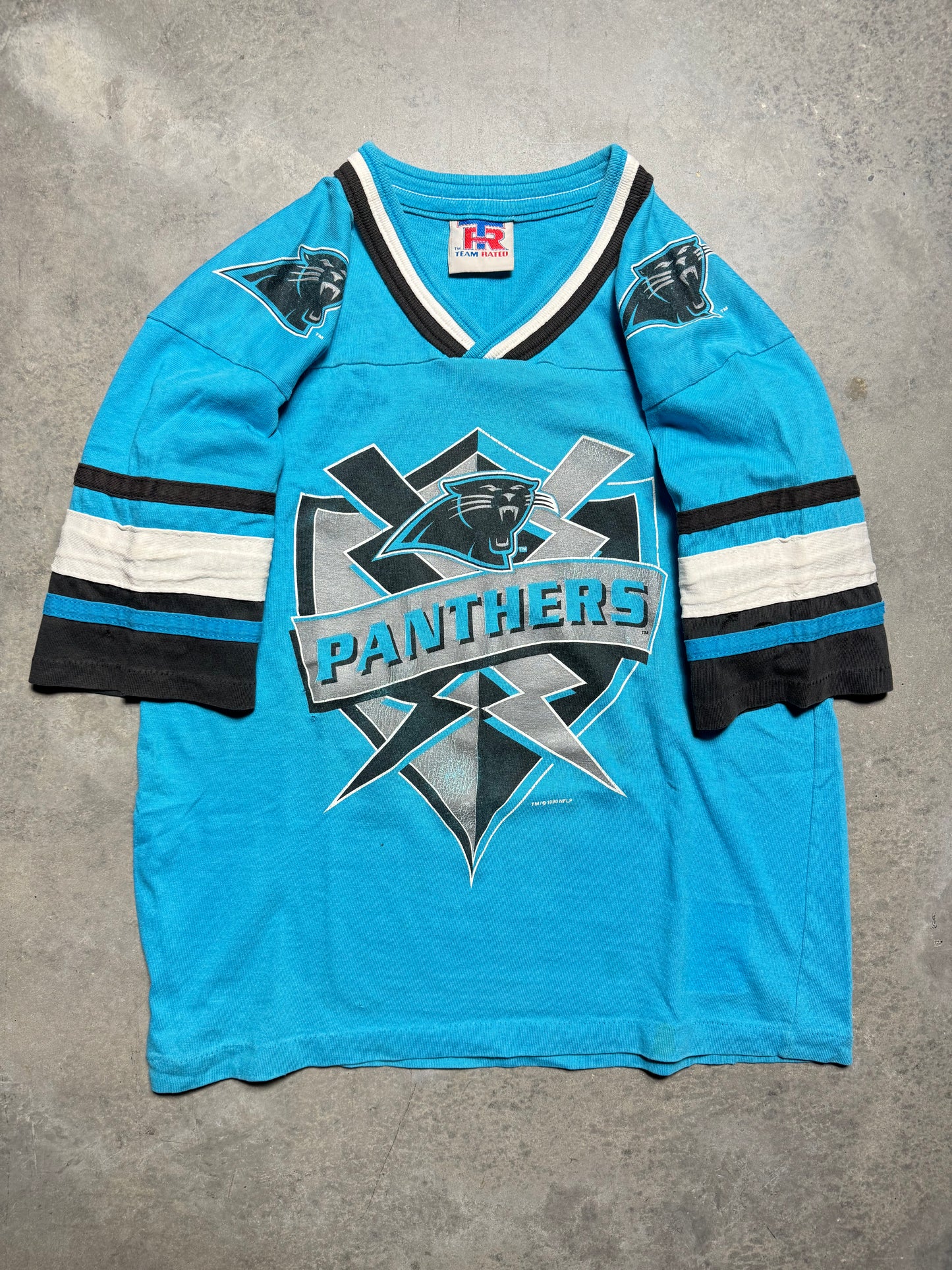 1996 Carolina Panthers Vintage Electric Blue Multi Logo Cotton NFL Jersey (Youth Large)