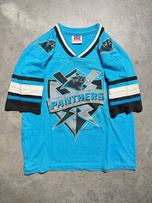 1996 Carolina Panthers Vintage Electric Blue Multi Logo Cotton NFL Jersey (Youth Large)