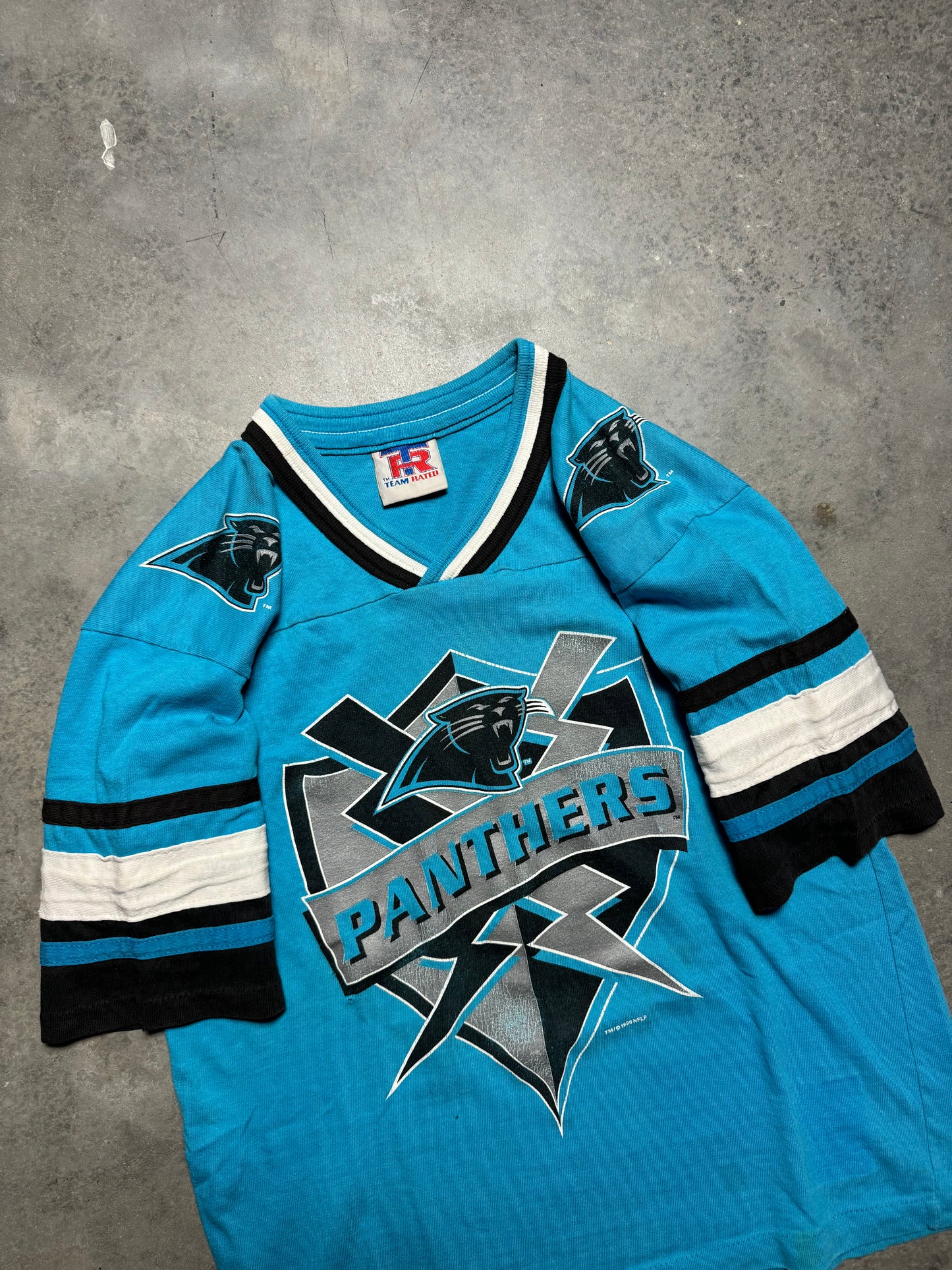 1996 Carolina Panthers Vintage Electric Blue Multi Logo Cotton NFL Jersey (Youth Large)