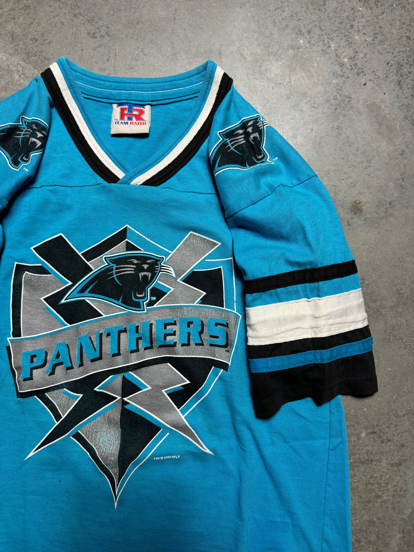 1996 Carolina Panthers Vintage Electric Blue Multi Logo Cotton NFL Jersey (Youth Large)