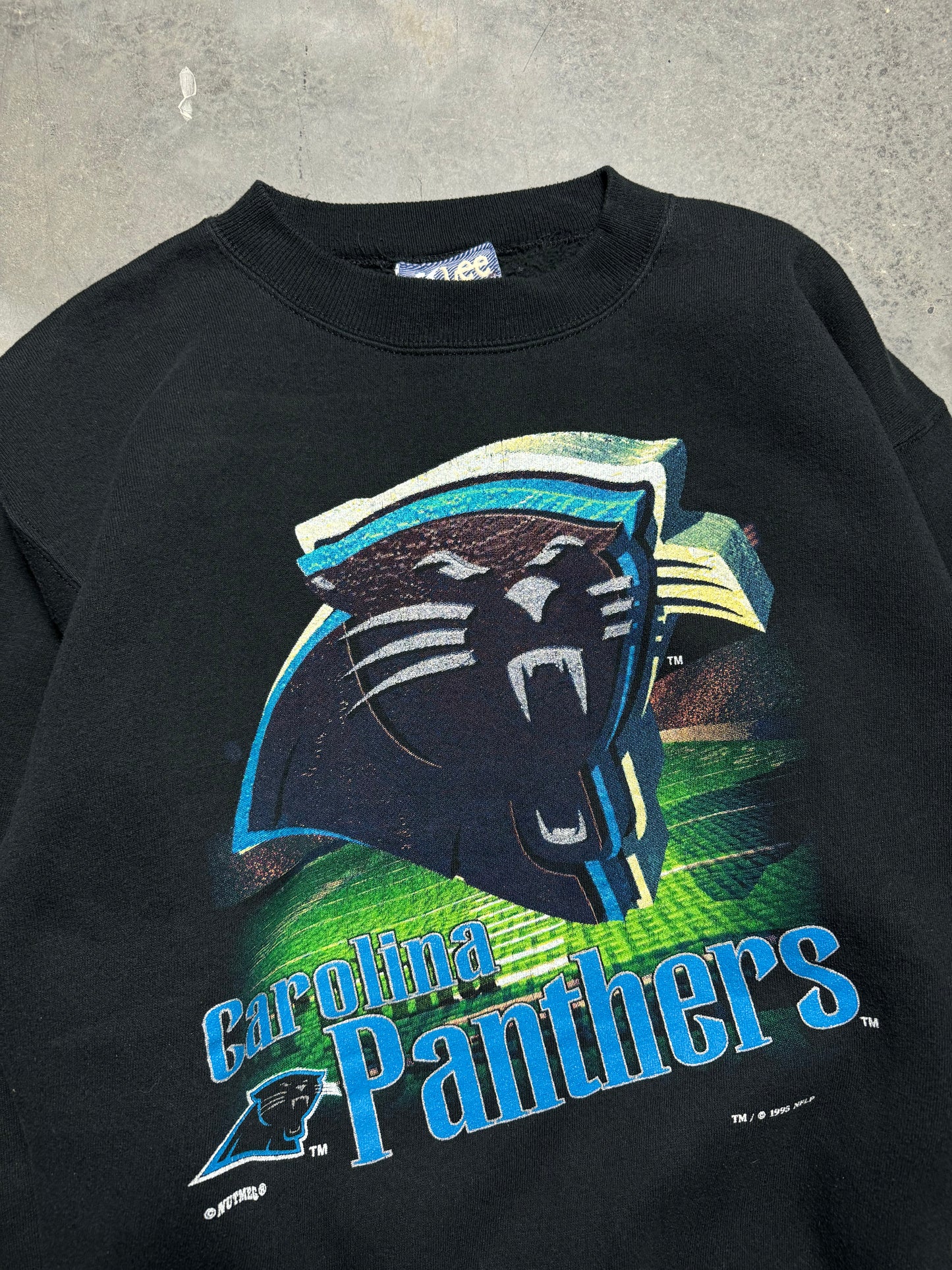 1995 Carolina Panthers Vintage Black Lee Sport 3D Style Big Logo NFL Crewneck (Medium)