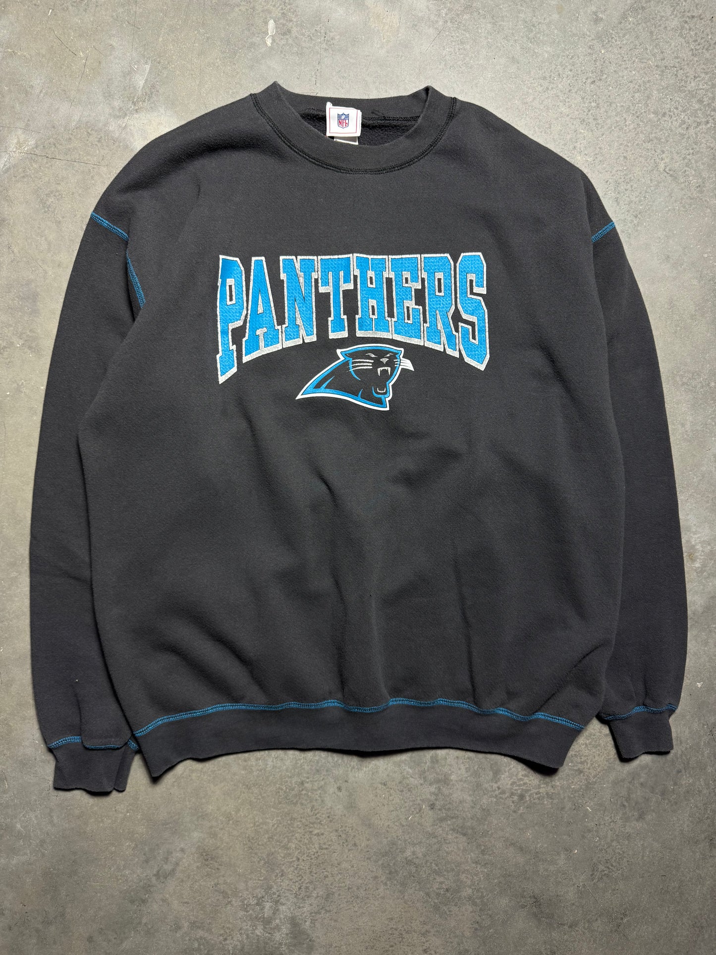 00’s Carolina Panthers Vintage Faded Black Contrast Stitching Block Letter NFL Crewneck (XXL)