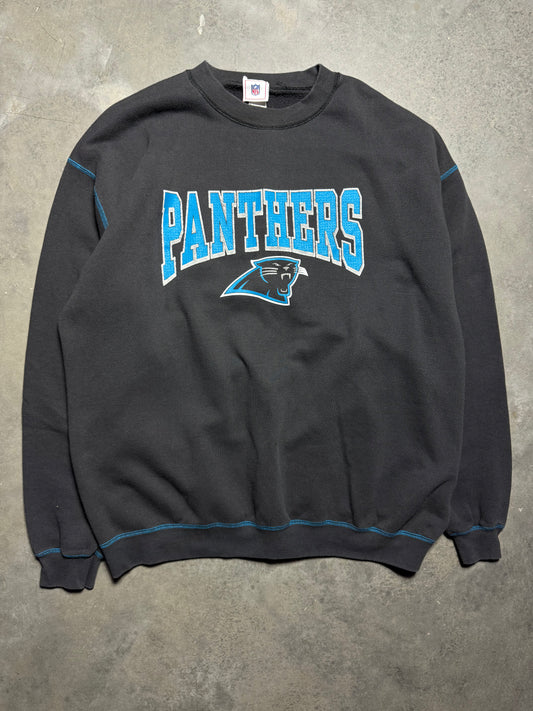 00’s Carolina Panthers Vintage Faded Black Contrast Stitching Block Letter NFL Crewneck (XXL)