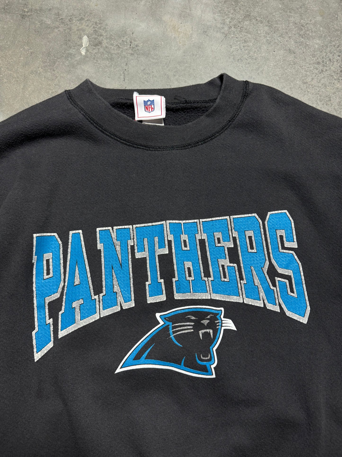 00’s Carolina Panthers Vintage Faded Black Contrast Stitching Block Letter NFL Crewneck (XXL)