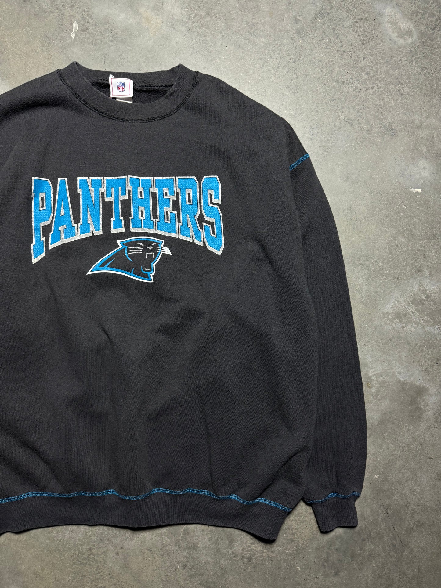 00’s Carolina Panthers Vintage Faded Black Contrast Stitching Block Letter NFL Crewneck (XXL)