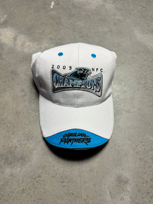 2003 Carolina Panthers Vintage White NFC Champions Cat Scratch Font White NFL Strapback Hat (OSFA)