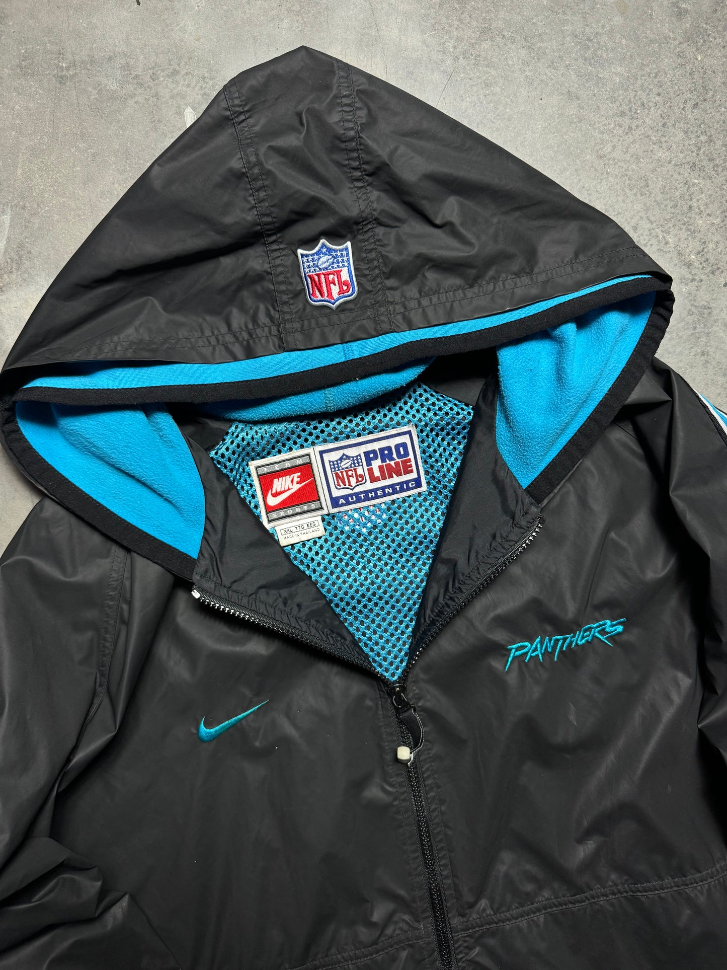 2000 Carolina Panthers Vintage Black Nike Cat Scratch Font Sideline NFL Jacket (XXL)