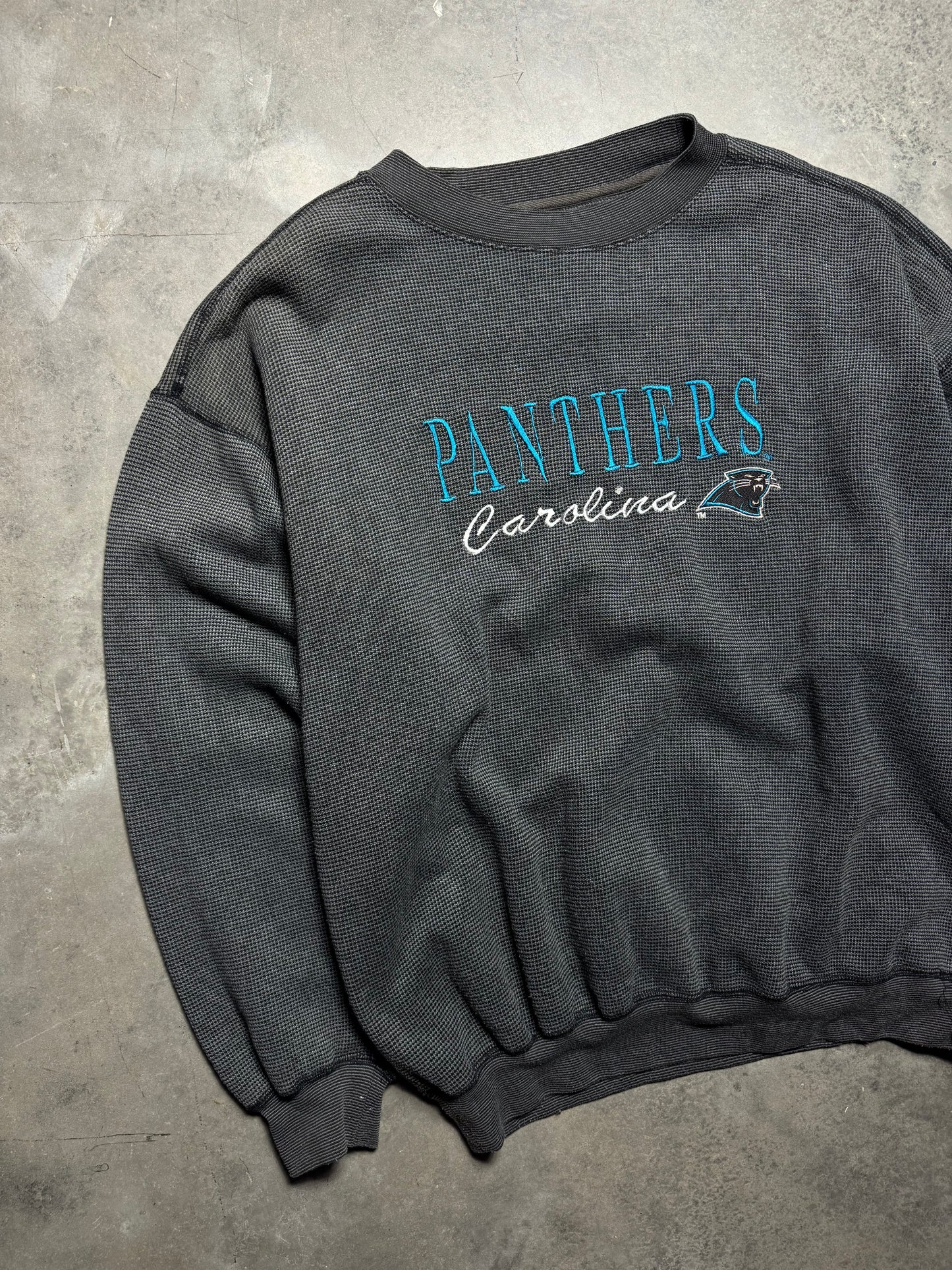 90’s Carolina Panthers Vintage Logo 7 Knit Embroidered NFL Crewneck (XL)