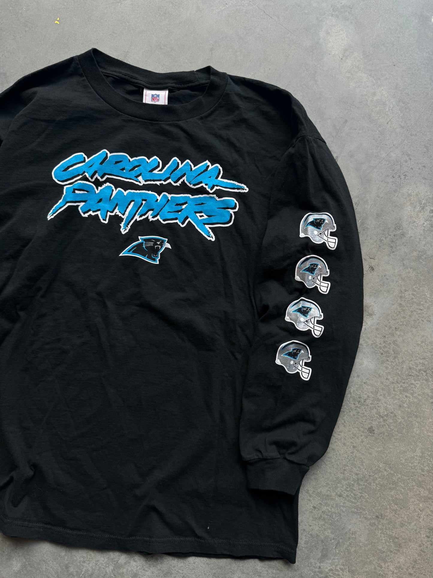 00’s Carolina Panthers Vintage Cat Scratch Font Repeat Helmet Longsleeve Tee (XL)