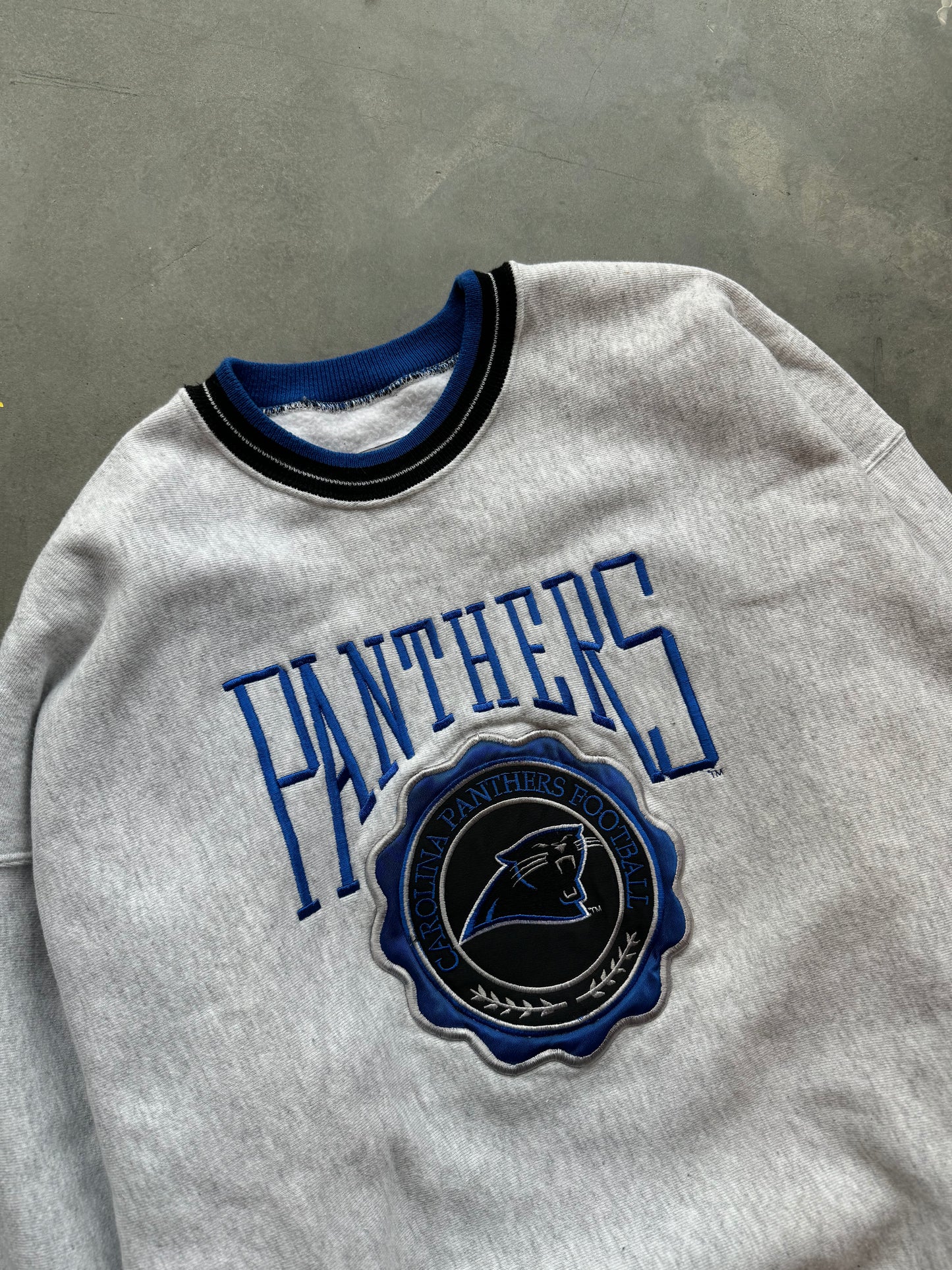 90’s Carolina Panthers Vintage Legends Sportswear Heavyweight Heather Grey Embroidered NFL Crewneck (XL)