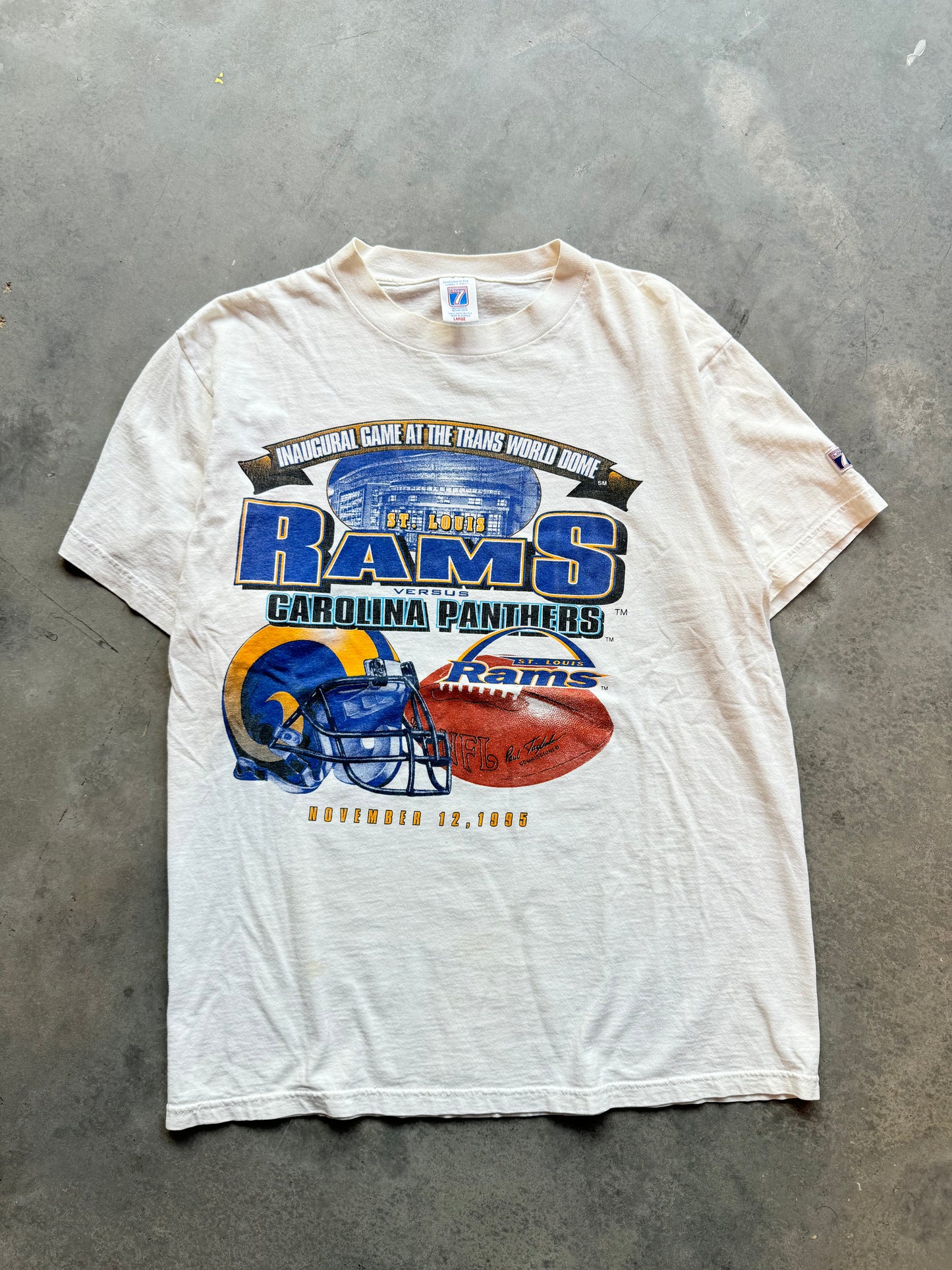 1995 St. Louis Rams vs. Carolina Panthers Inaugural Game at Trans World Dome Vintage NFL Tee (Large)