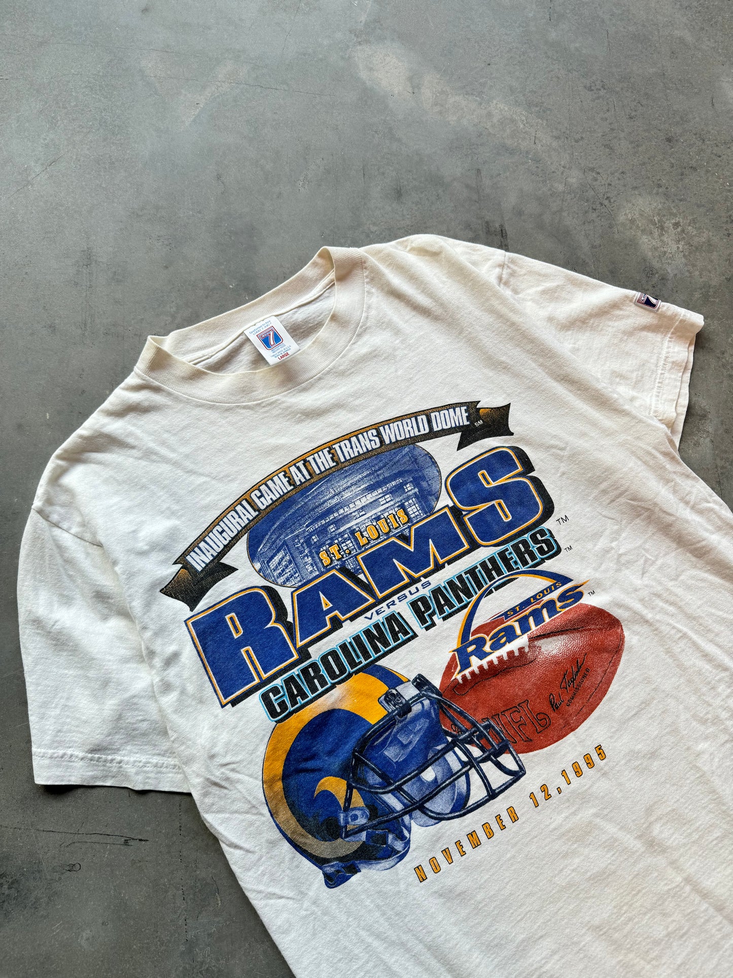 1995 St. Louis Rams vs. Carolina Panthers Inaugural Game at Trans World Dome Vintage NFL Tee (Large)